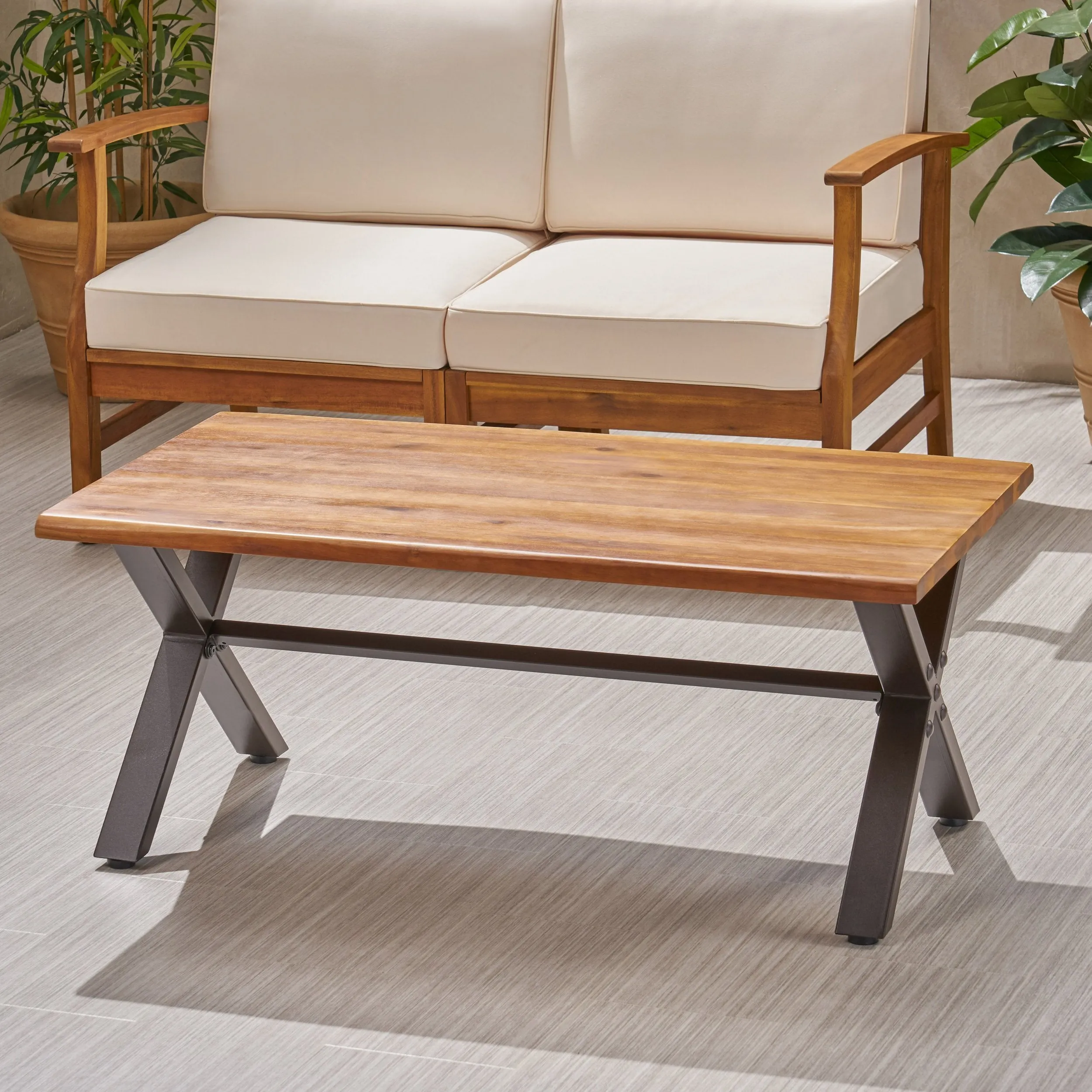 Outdoor Farmhouse Teak Acacia Wood Coffee Table with Black X-Frame Legs - NH693403 coffee table, accent table