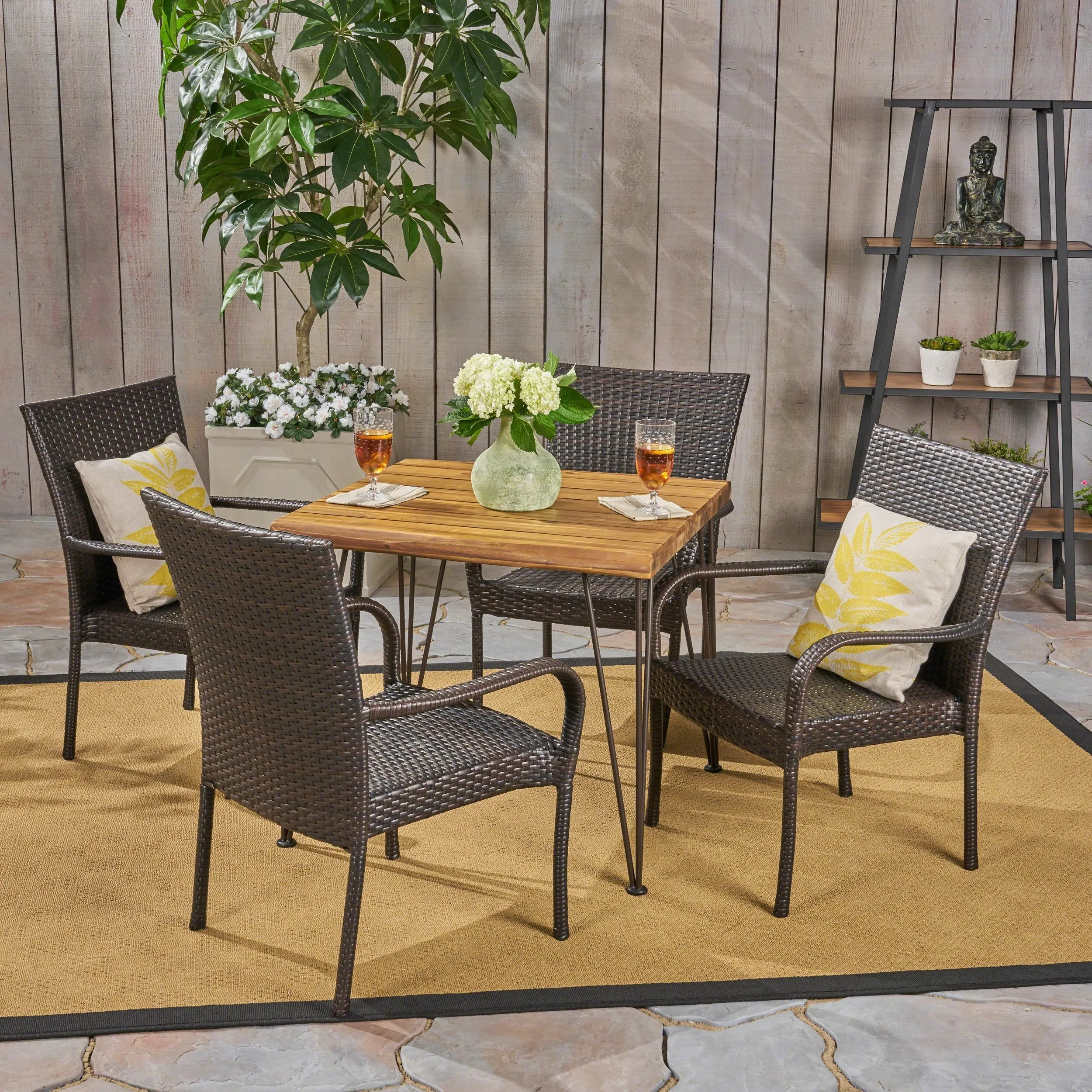 Outdoor Farmhouse Wood and Wicker 5 Piece Square Dining Set - NH364503 patio chairs, outdoor seating