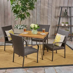 Outdoor Farmhouse Wood and Wicker 5 Piece Square Dining Set - NH364503 patio chairs, outdoor seating
