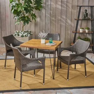 Outdoor Farmhouse Wood and Wicker 5 Piece Square Dining Set, Teak and Multi Brown - NH664503 patio chairs, outdoor seating