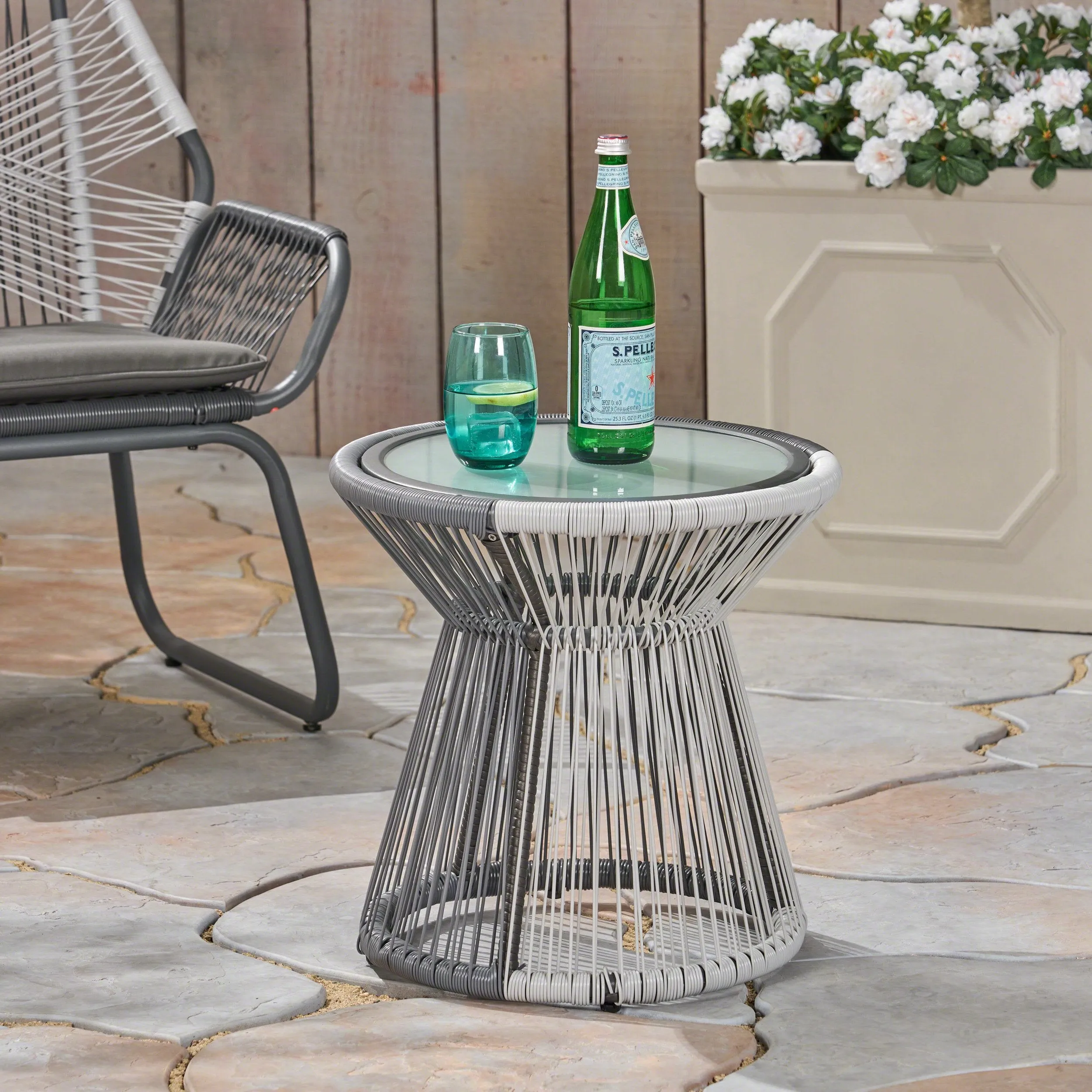 Outdoor Faux Rattan Side Table with Glass Top - NH432503 coffee table, accent table