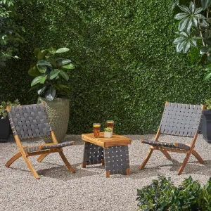 Outdoor Foldable 2 Seater Acacia Wood Chat Set with Strapping Belt Accents, Brown and Gray - NH683903 clothes rack, garment rack