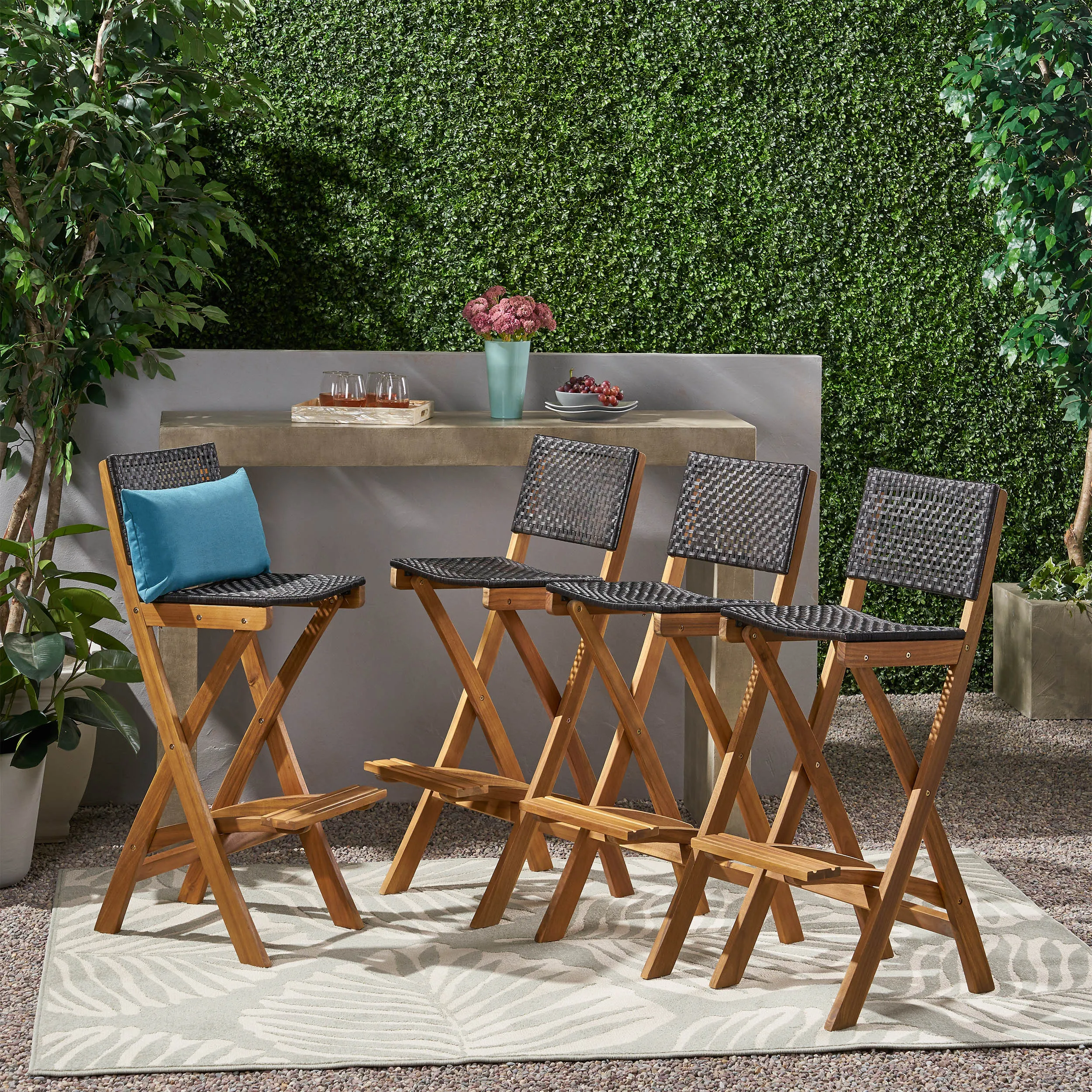 Outdoor Folding Acacia Wood Barstools (Set of 4) - NH428013 patio chairs, outdoor seating