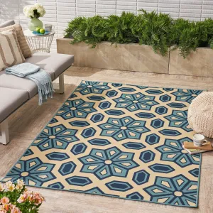 Outdoor Geometric Floral Ivory and Blue Rectangular Area Rug - NH329403 patio chairs, outdoor seating