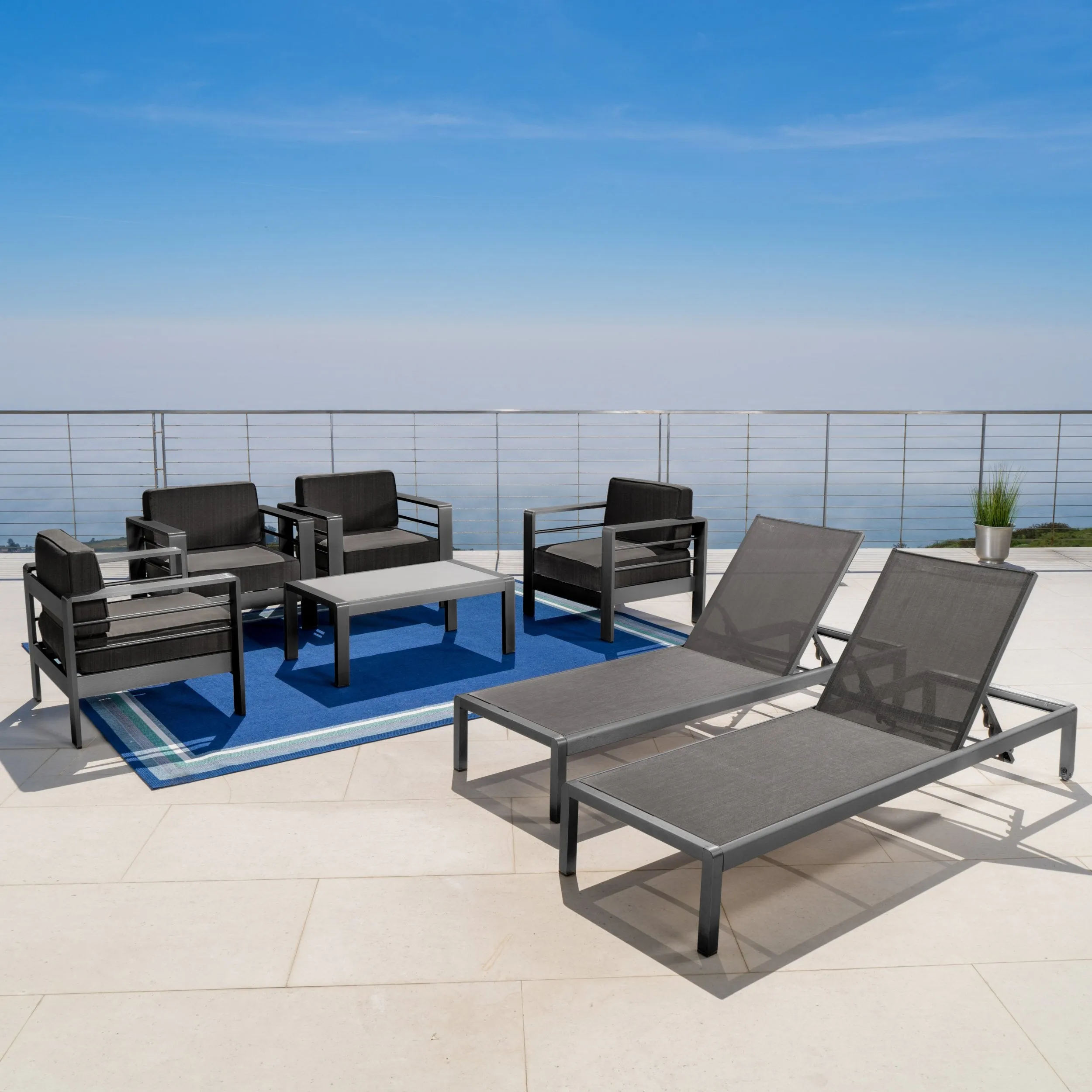 Outdoor Gray Aluminum 7 Piece Chat Set with Pair of Lounges - NH208103 patio chairs, outdoor seating