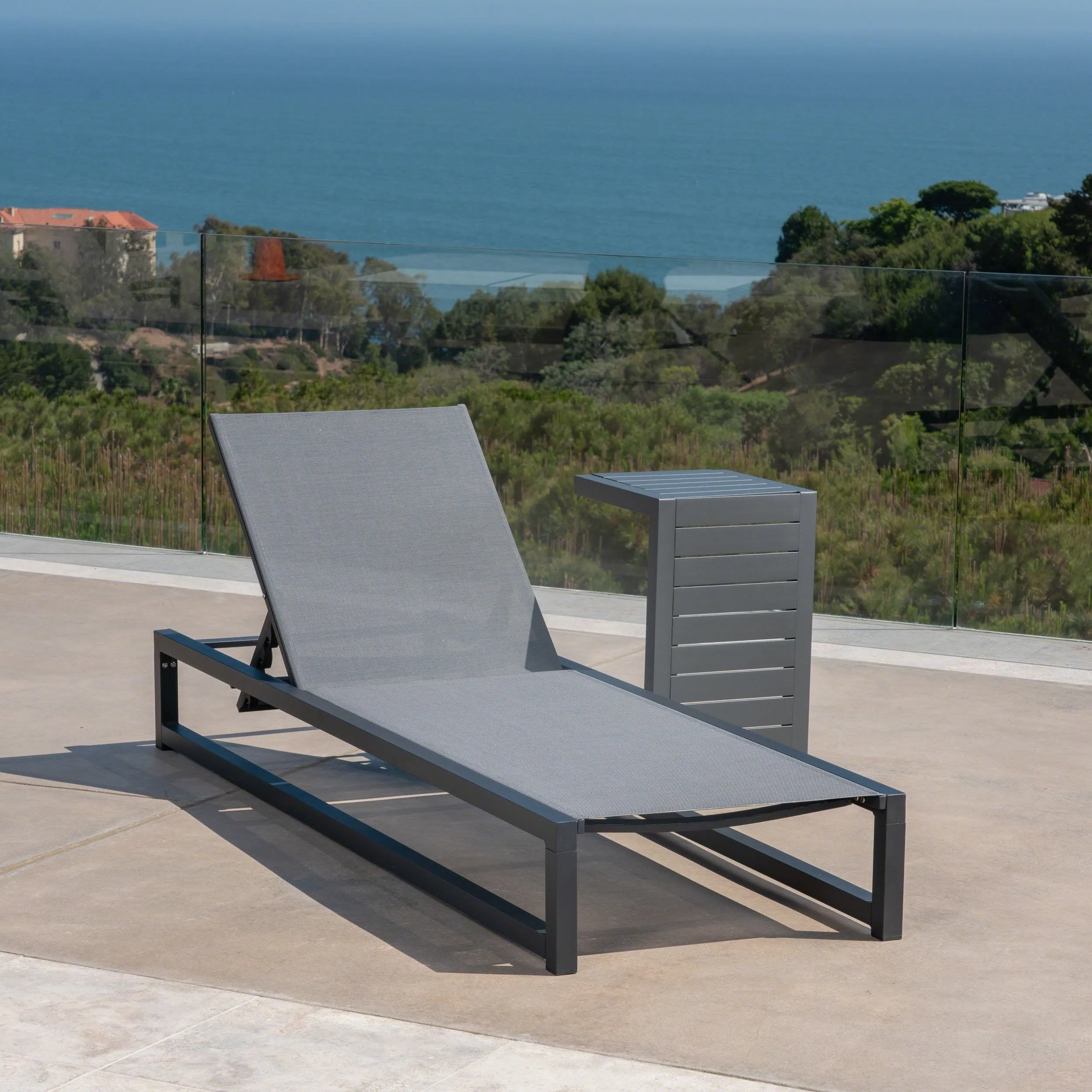 Outdoor Gray Mesh and Aluminum Frame Chaise Lounge with Matching Table - NH110403 patio chairs, outdoor seating