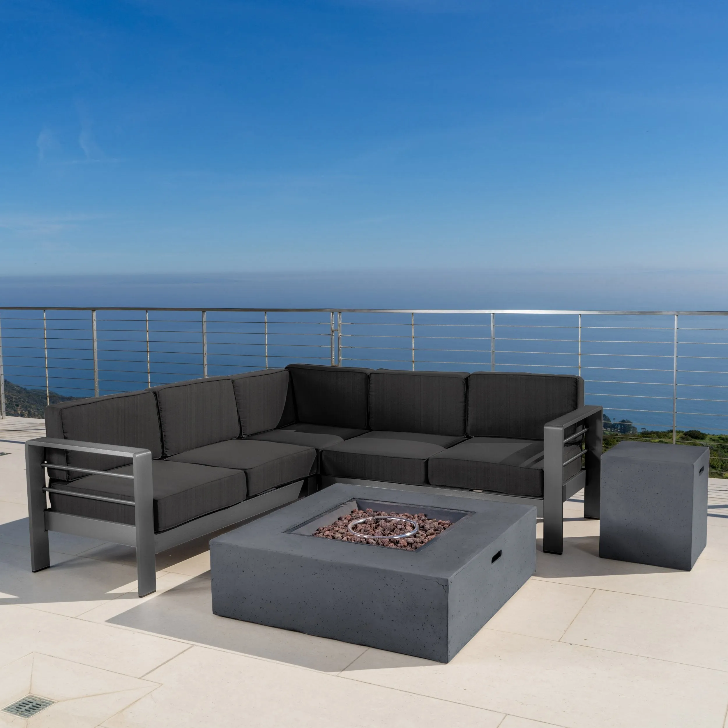Outdoor Grey Aluminum 5 Piece V-Shape Sectional Sofa Set with Fire Table - NH508103 cushion cover, soft furnishing