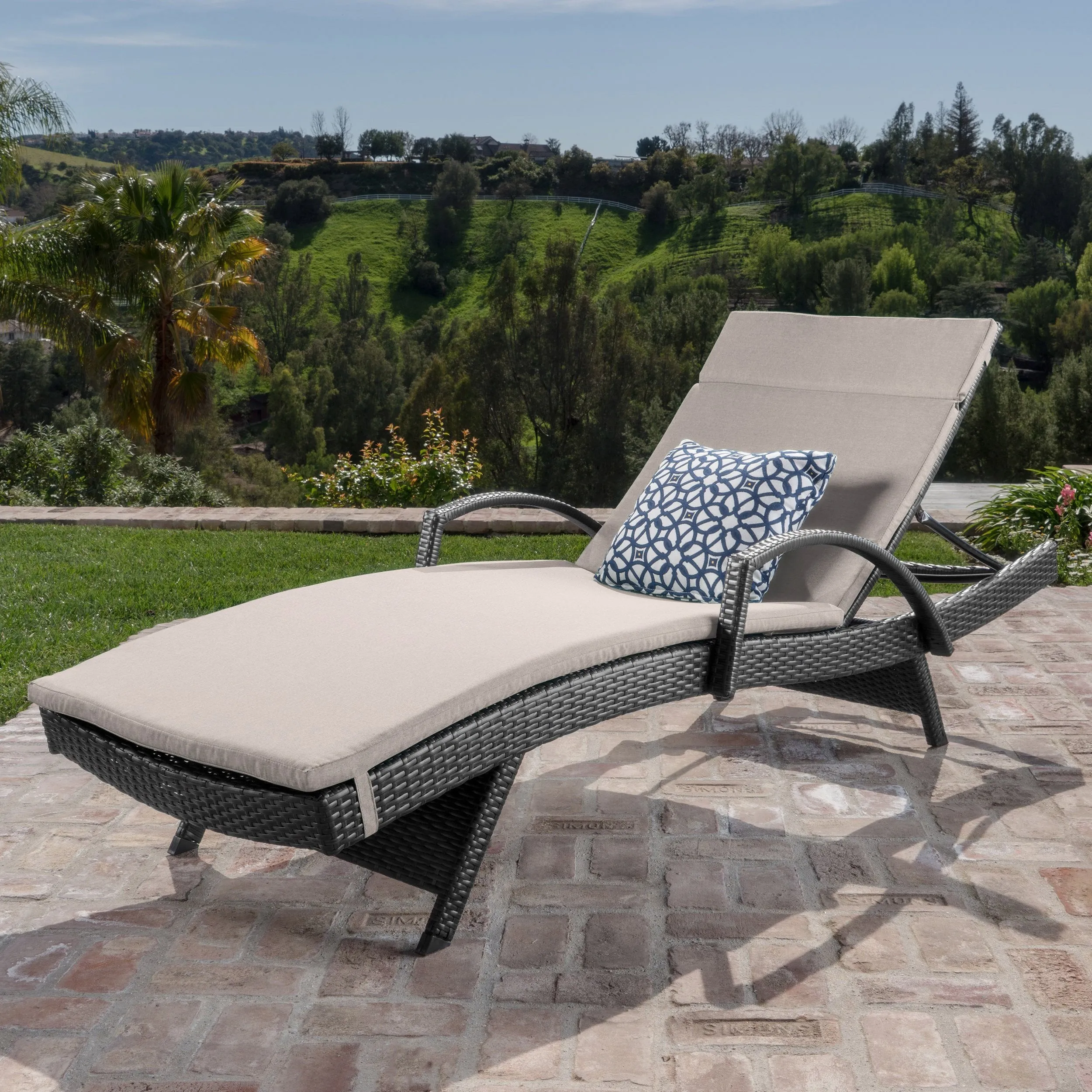 Outdoor Grey Wicker Armed Chaise Lounge w/ Water Resistant Cushion - NH481103 patio chairs, outdoor seating