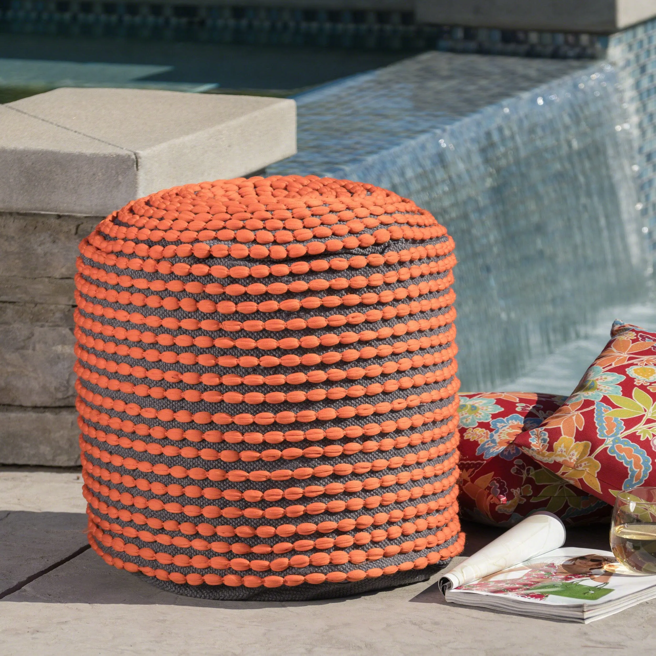 Outdoor Handcrafted Modern Water-Resistant Fabric Cylinder Pouf Ottoman - NH751303