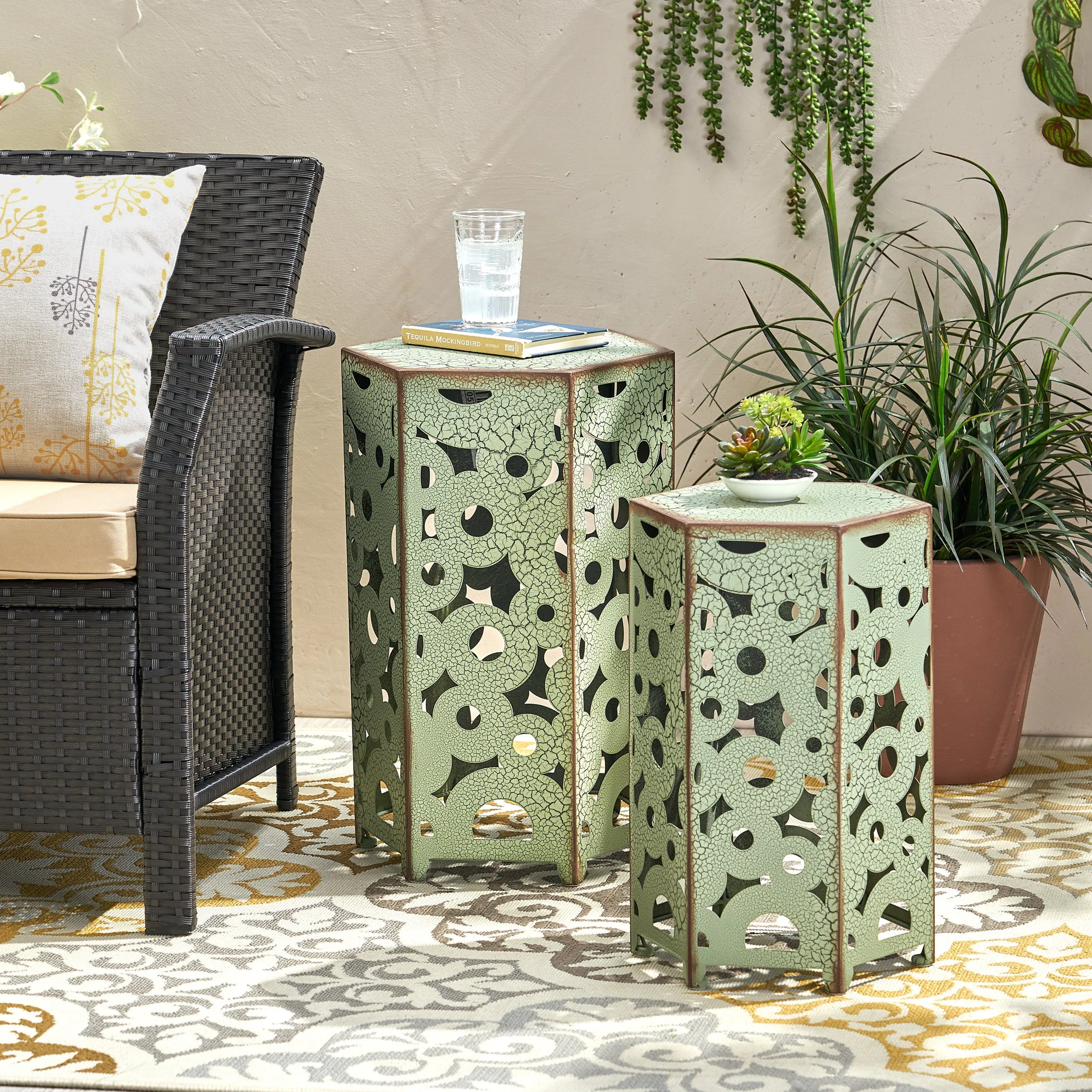 Outdoor Hexagonal Antique Orange Iron Accent Tables (Set of 2) - NH776692 coffee table, accent table
