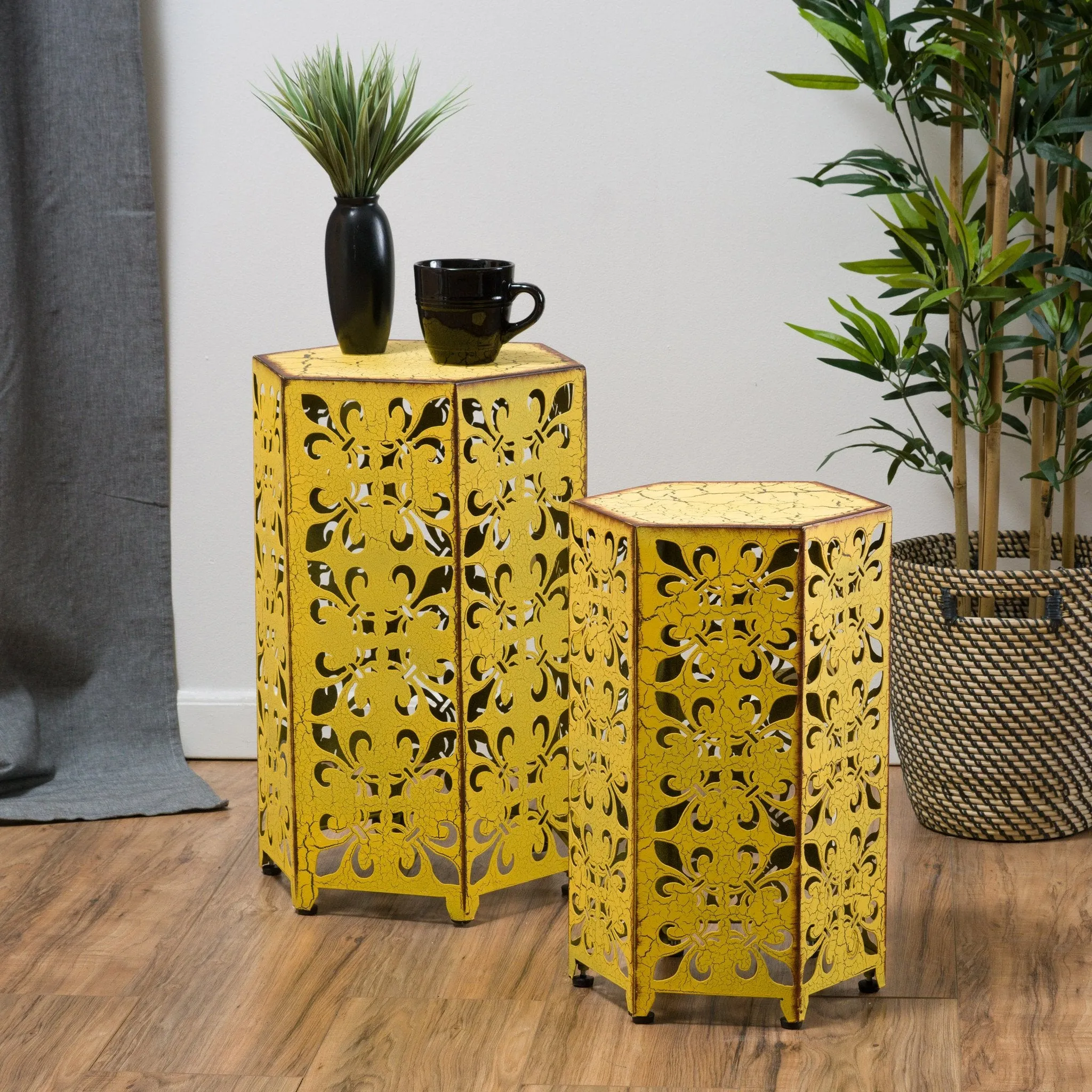 Outdoor Hexagonal Antique Yellow Iron Accent Tables (Set of 2) - NH676692 patio chairs, outdoor seating
