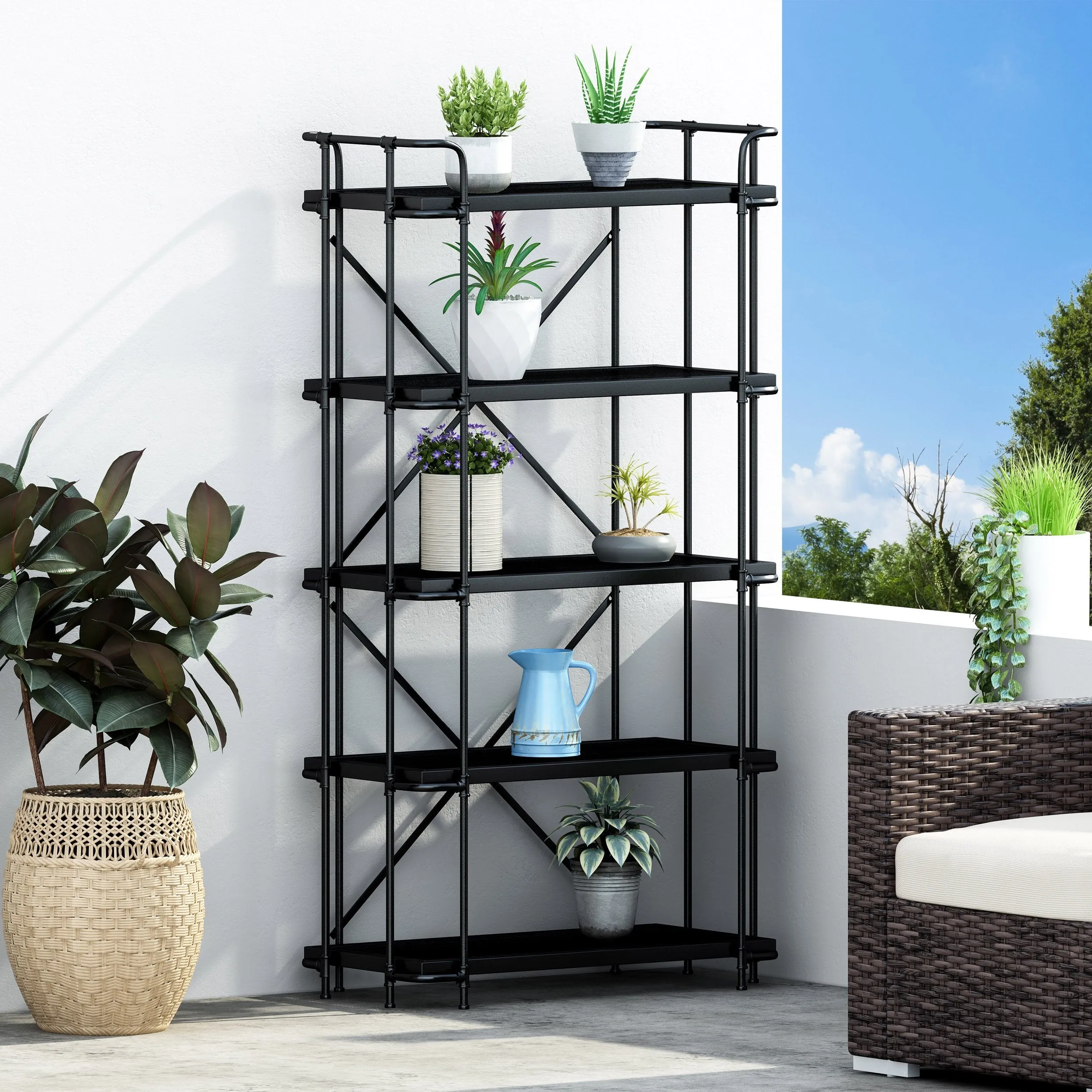 Outdoor Industrial 5-Shelf Iron Mesh Etagere Bookcase - NH559213 patio chairs, outdoor seating