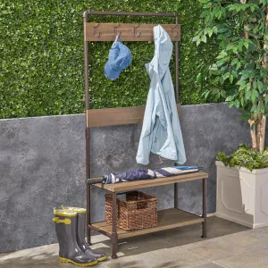 Outdoor Industrial Acacia and Iron Bench with Shelf and Coat Hooks - NH174503 stair tread rug, stair mat