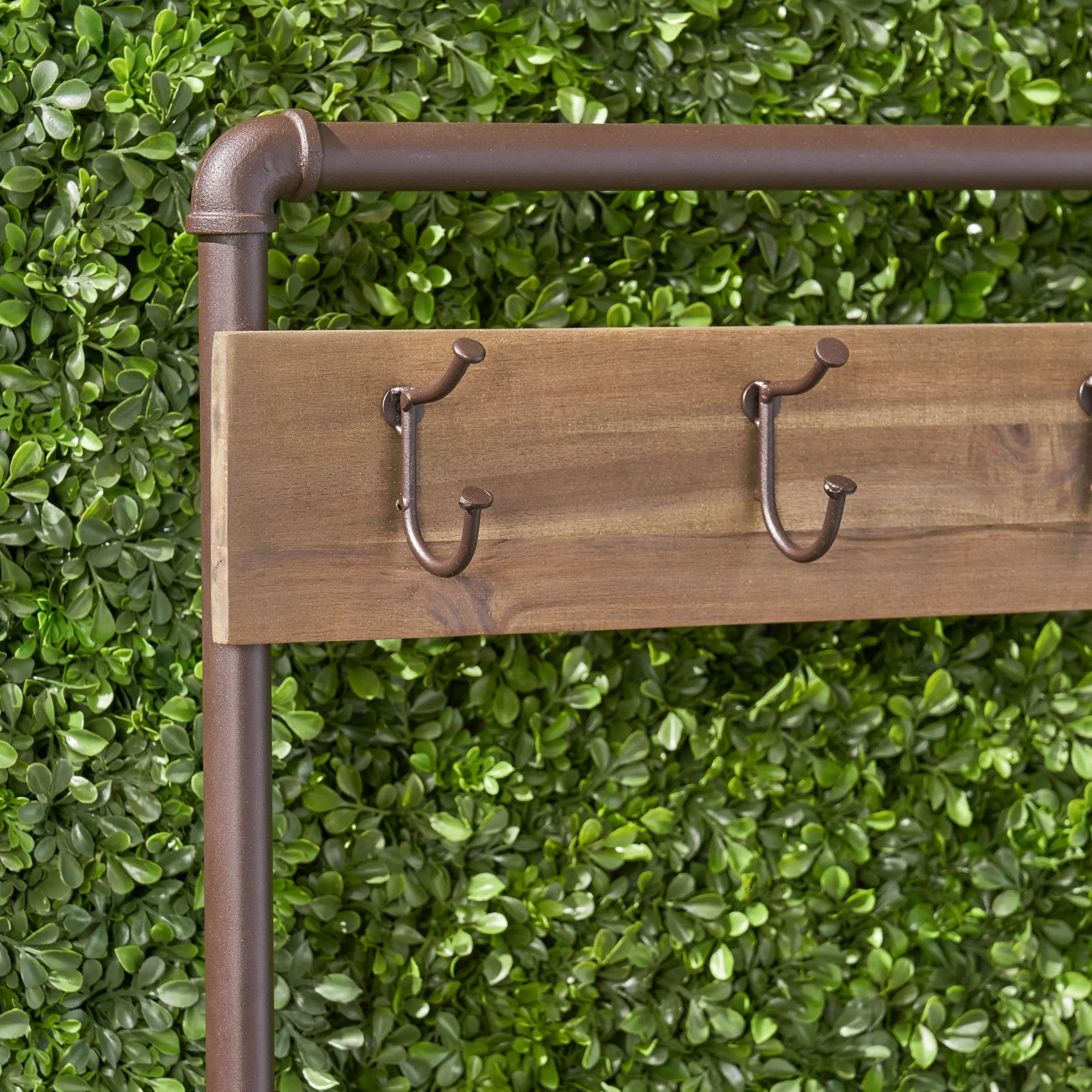 Outdoor Industrial Acacia and Iron Bench with Shelf and Coat Hooks - NH174503