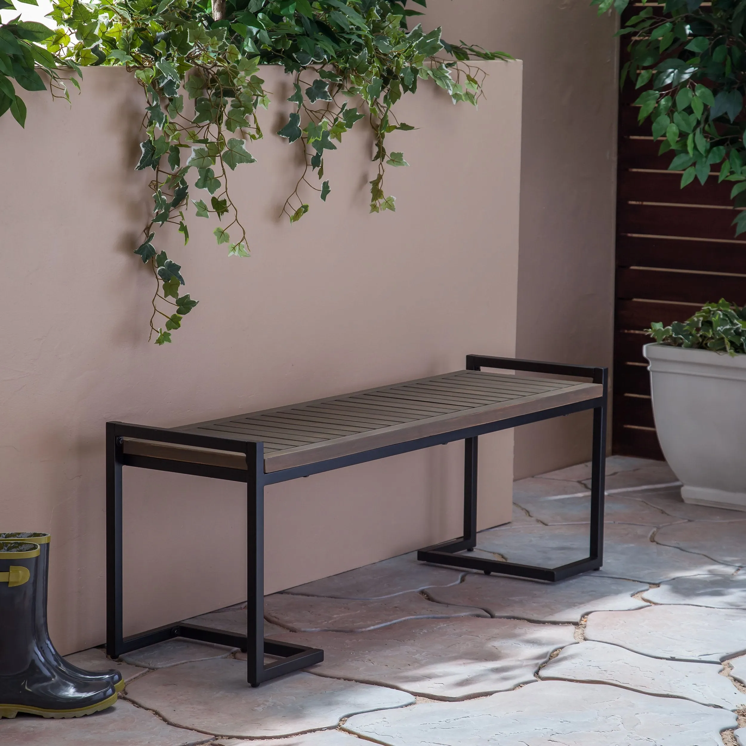 Outdoor Industrial Acacia Wood and Iron Bench - NH724603 patio chairs, outdoor seating
