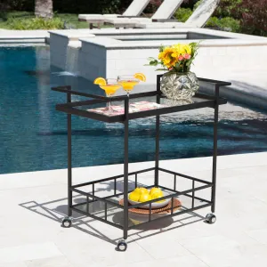 Outdoor Industrial Black Powder Coated Iron Bar Cart with Tempered Glass Shelves - NH953203 patio chairs, outdoor seating