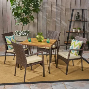 Outdoor Industrial Wood and Wicker 5 Piece Square Dining Set, Teak and Brown and Crme - NH564503 patio chairs, outdoor seating
