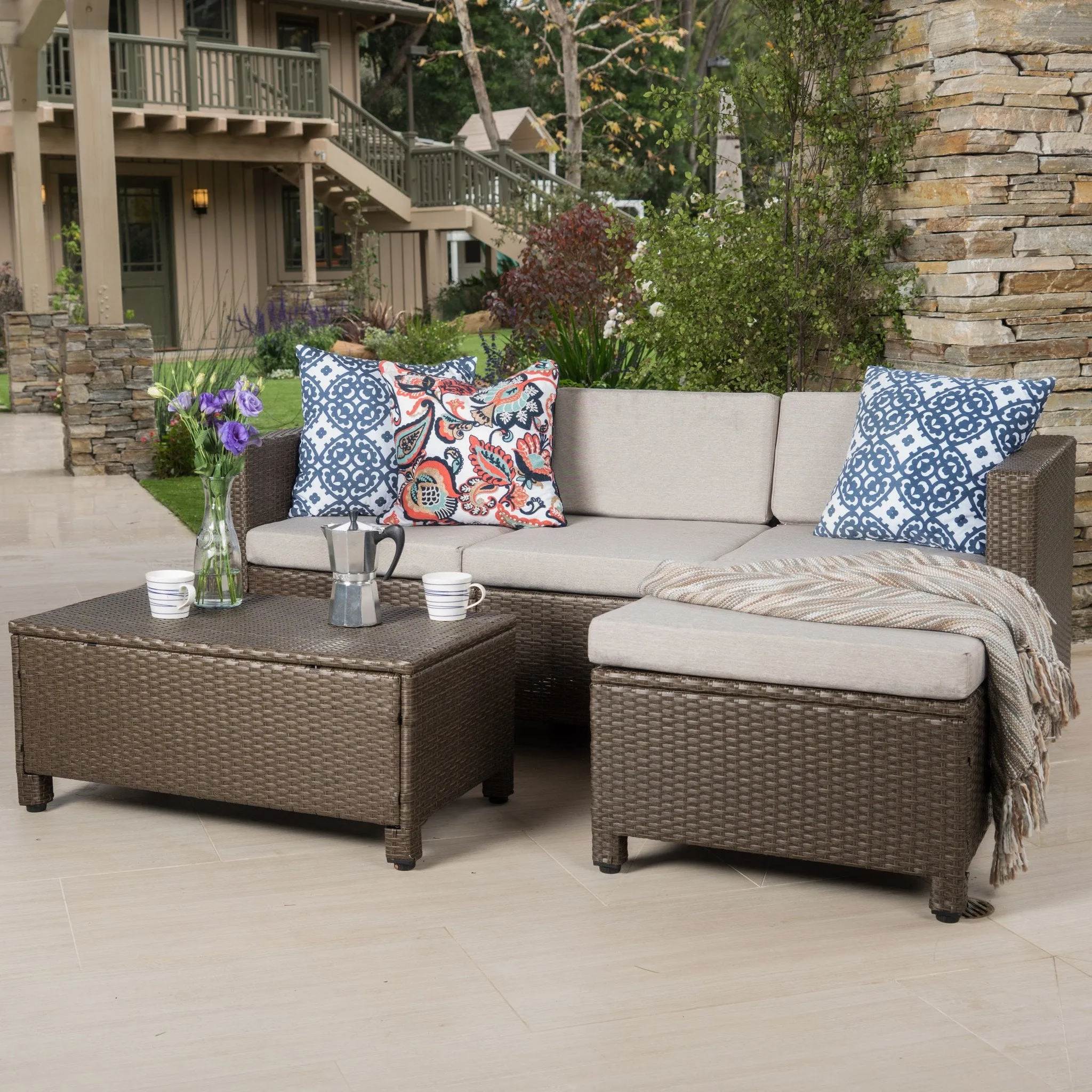 Outdoor L-shape Brown Wicker Sofa w/ Cushions - NH109992 serving bowl, serving dish