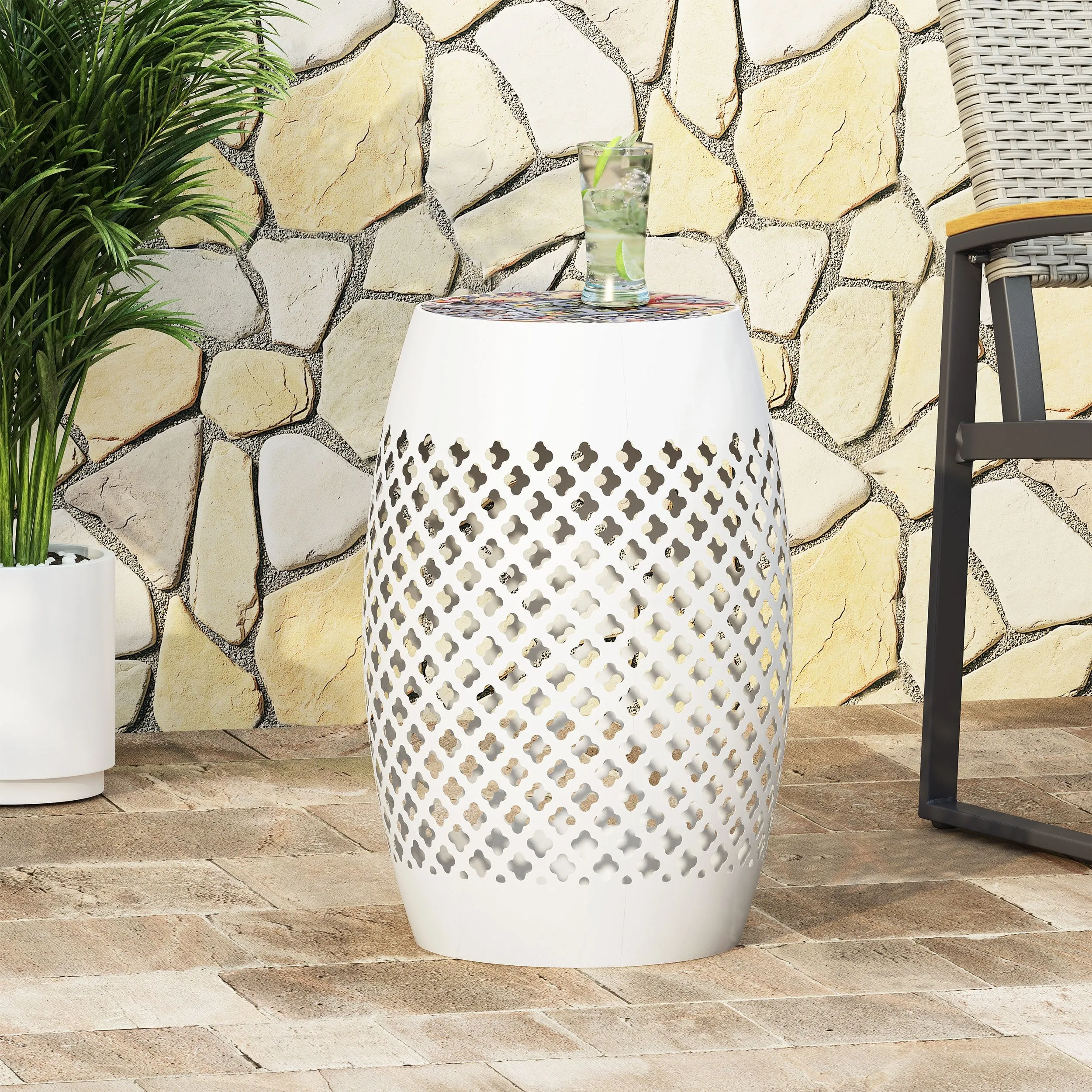 Outdoor Lace Cut Side Table with Tile Top - NH450313 coffee table, accent table