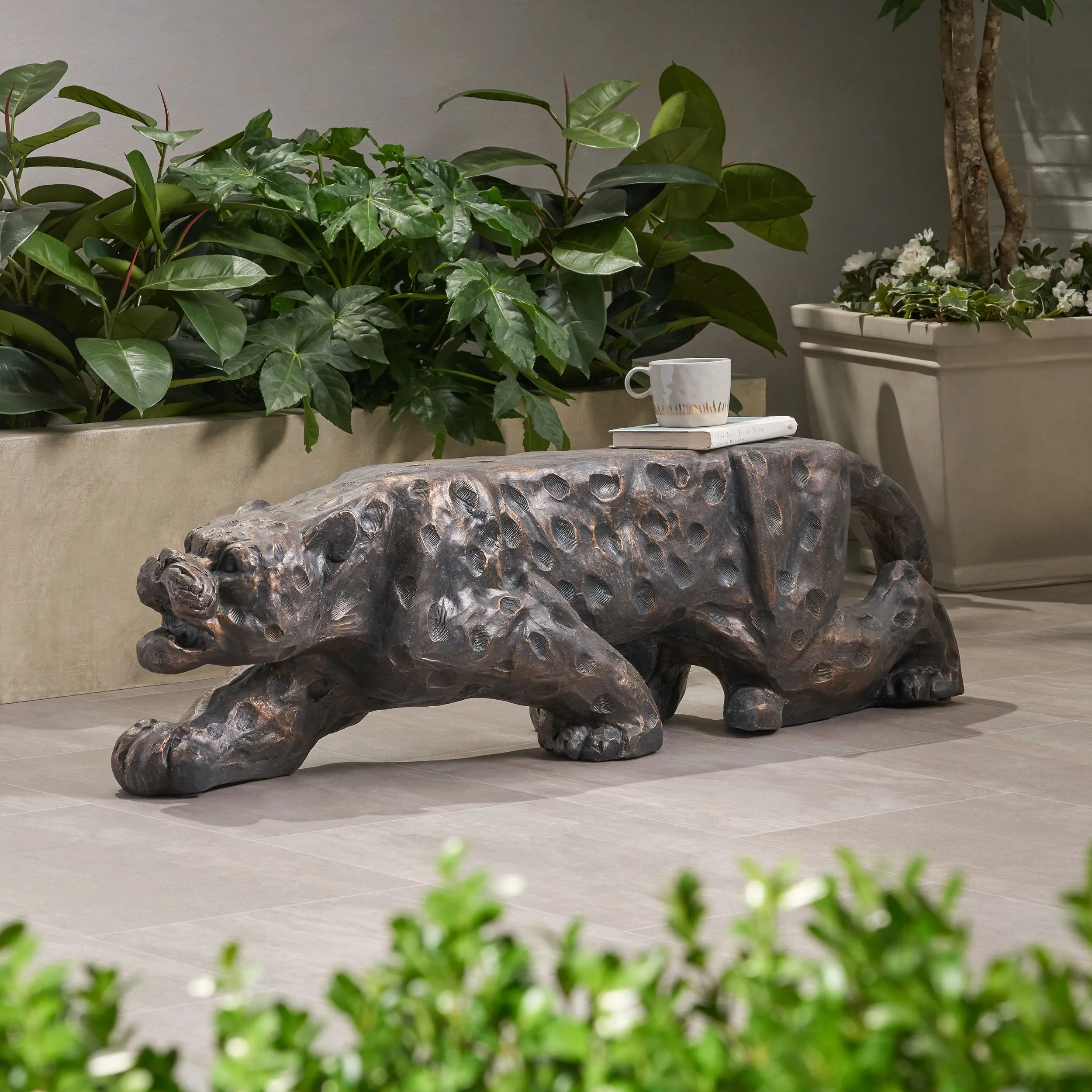 Outdoor Leopard Shaped Concrete Bench, Antique Copper Finish - NH142903 stair tread rug, stair mat