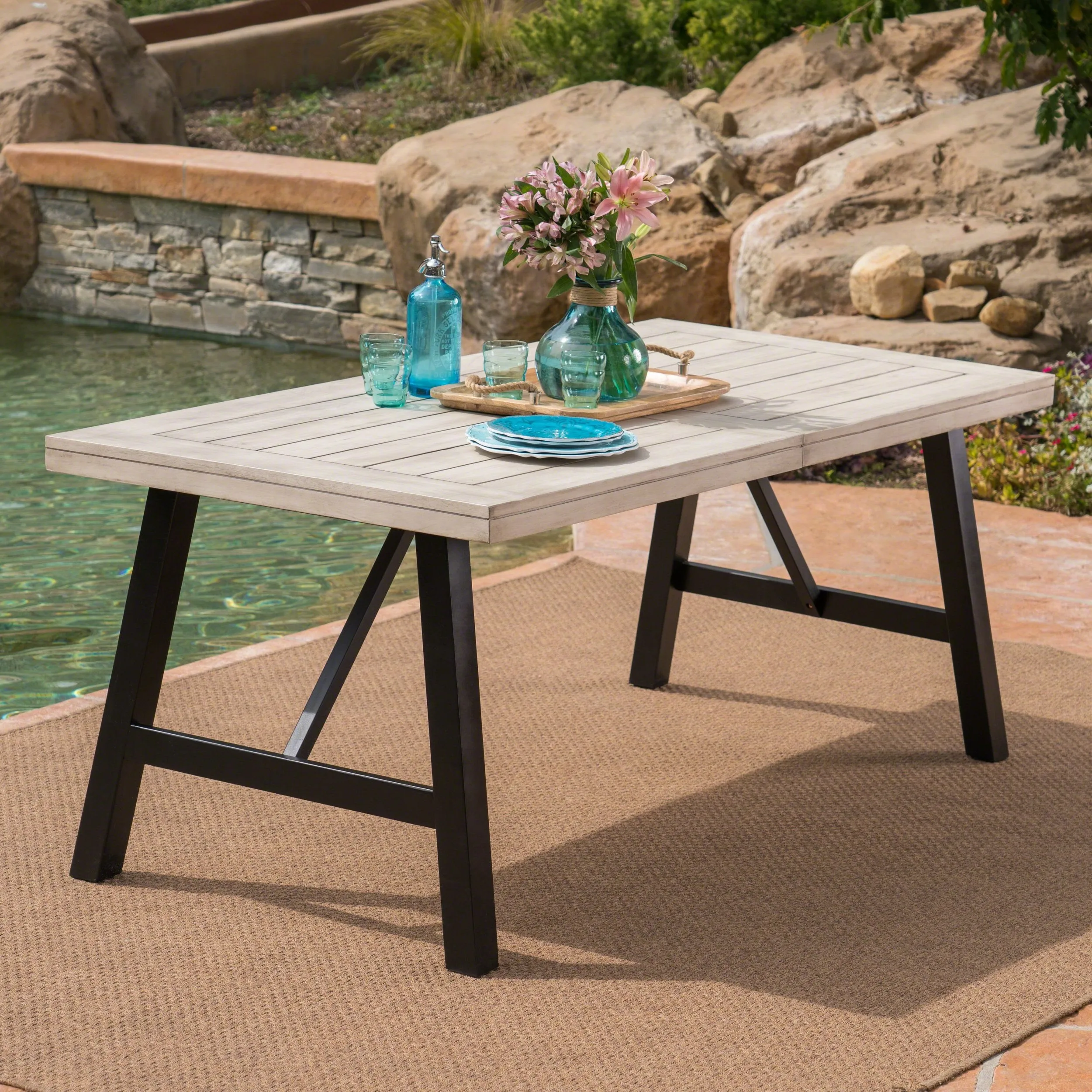 Outdoor Light Gray Finished Acacia Wood Dining Table - NH147303 patio chairs, outdoor seating