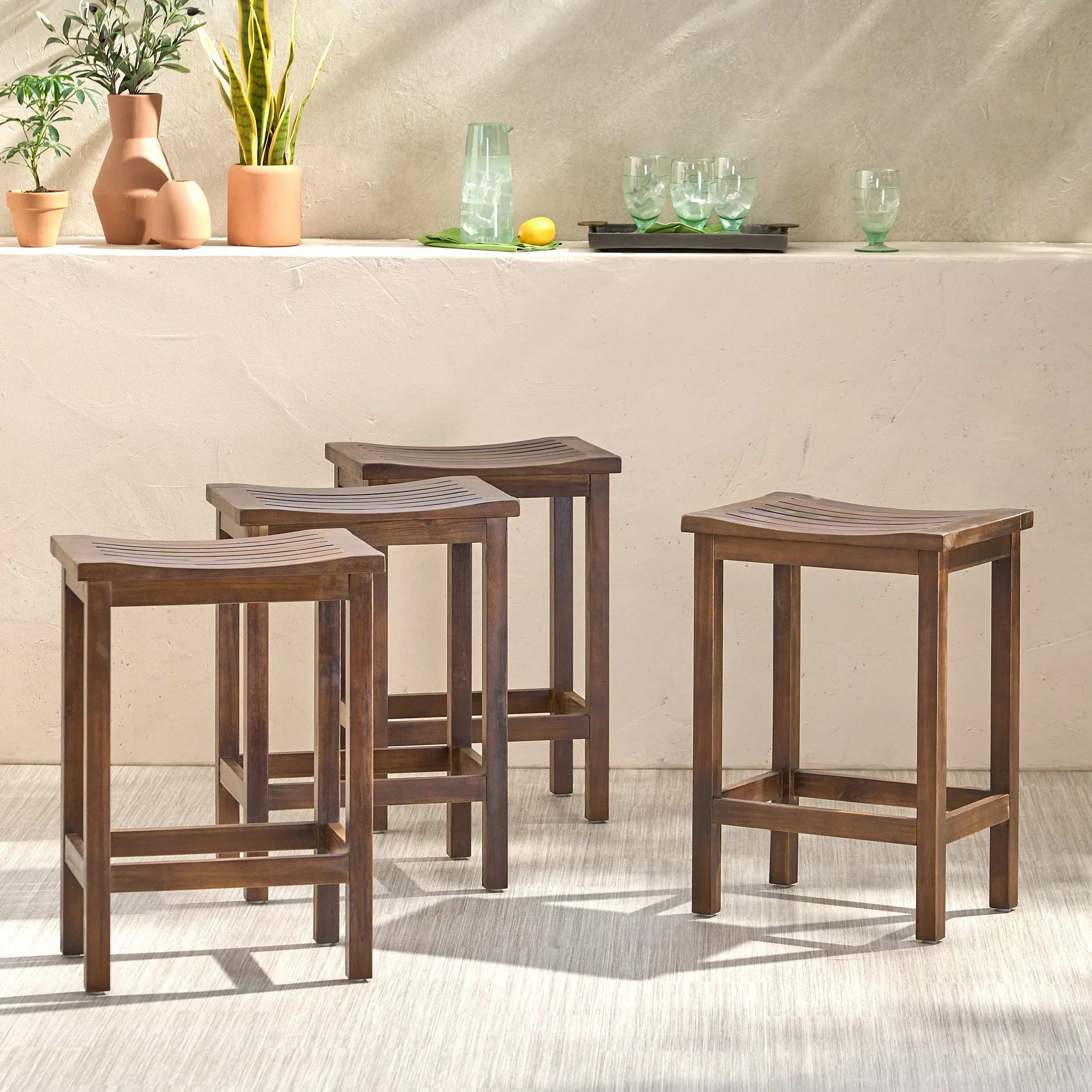 Outdoor Mahogany Brown Finish Acacia Wood Counter Stools - NH500403 patio chairs, outdoor seating