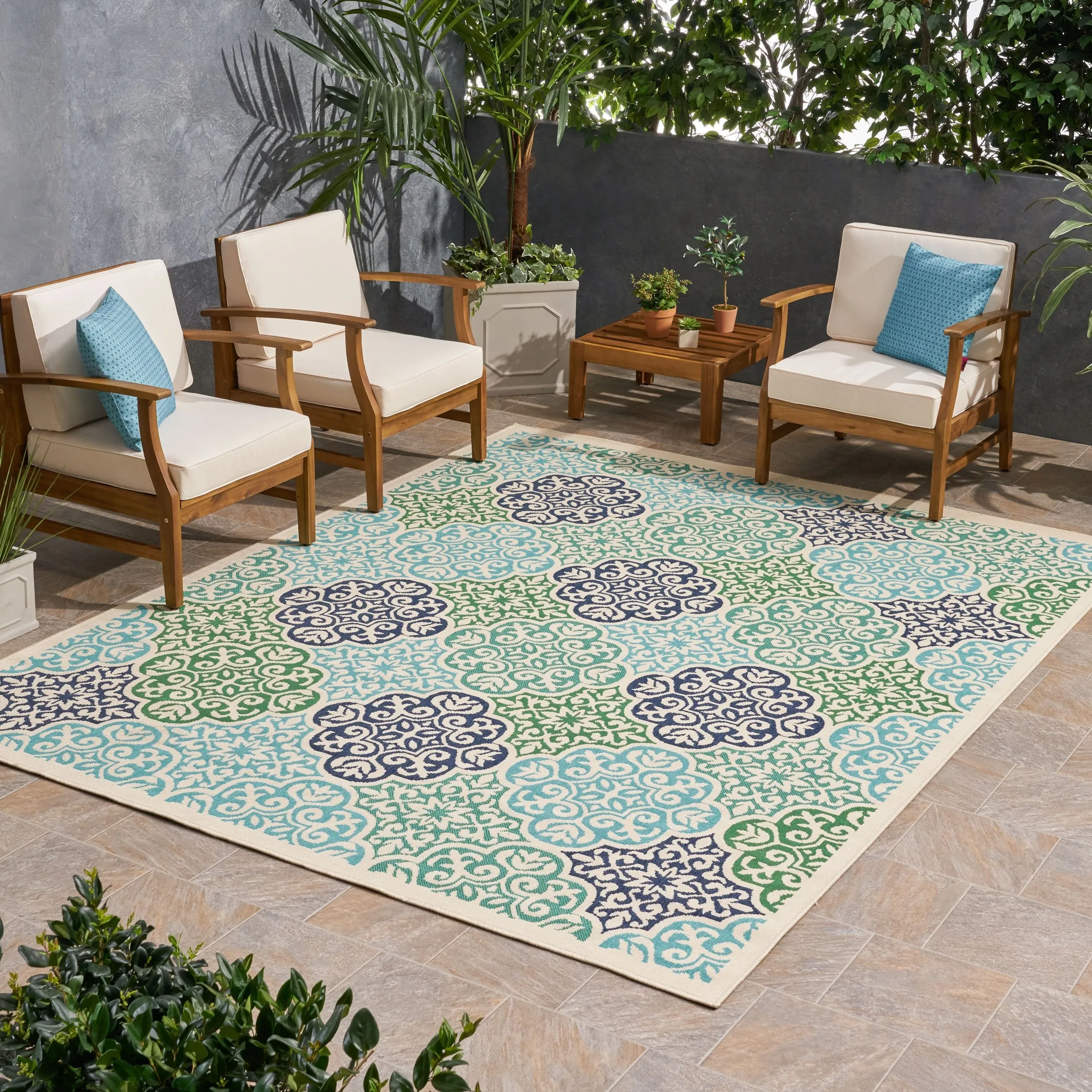 Outdoor Medallion Area Rug, Ivory and Multi - NH585803