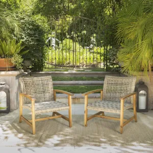 Outdoor Mid Century Acacia Wood Frame Wicker Club Chairs (Set of 2) - NH124103 patio chairs, outdoor seating
