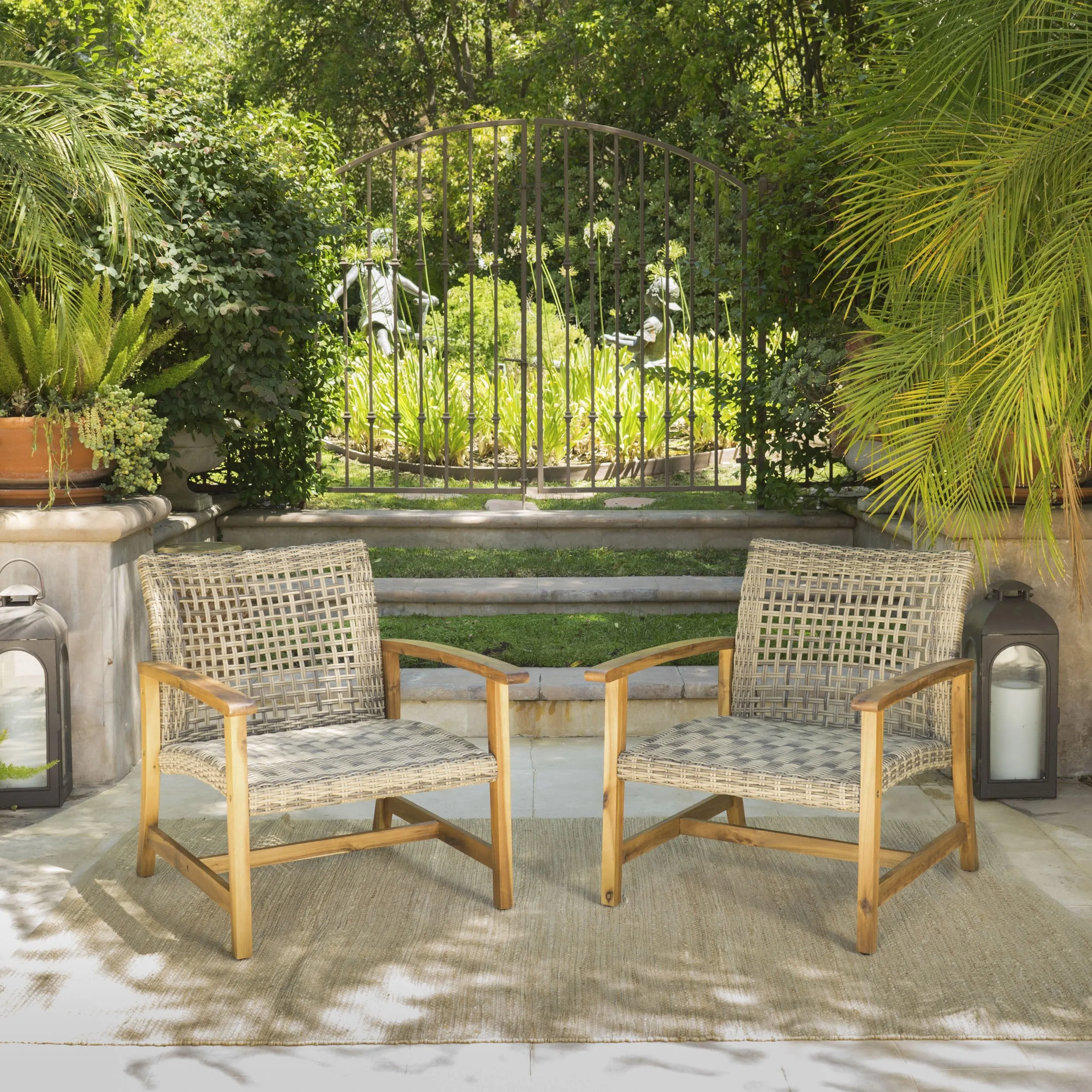 Outdoor Mid Century Acacia Wood Frame Wicker Club Chairs (Set of 2) - NH124103 patio chairs, outdoor seating