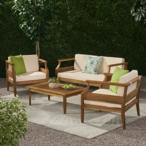 Outdoor Mid-Century Modern Acacia Wood 4 Seater Chat Set with Cushions - NH161213 patio chairs, outdoor seating