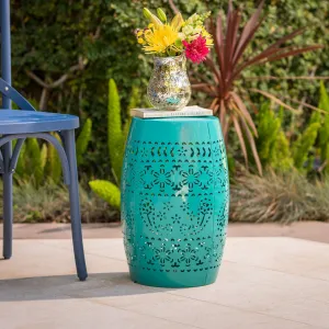 Outdoor Modern 12-Inch Floral Cut Metal Barrel Side Table - NH365103 coffee table, accent table