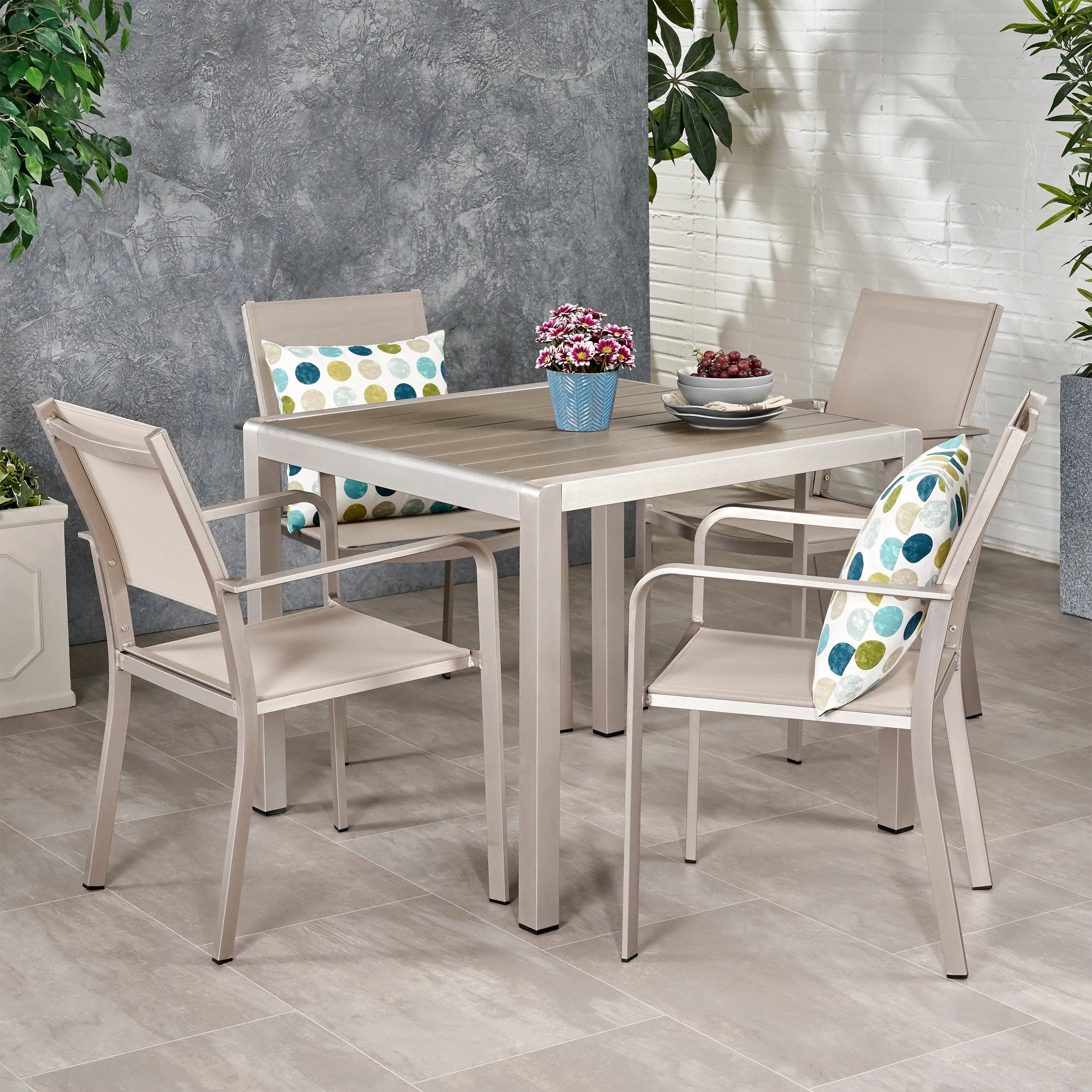 Outdoor Modern 4 Seater Aluminum Dining Set with Faux Wood Table Top - NH338013 patio chairs, outdoor seating