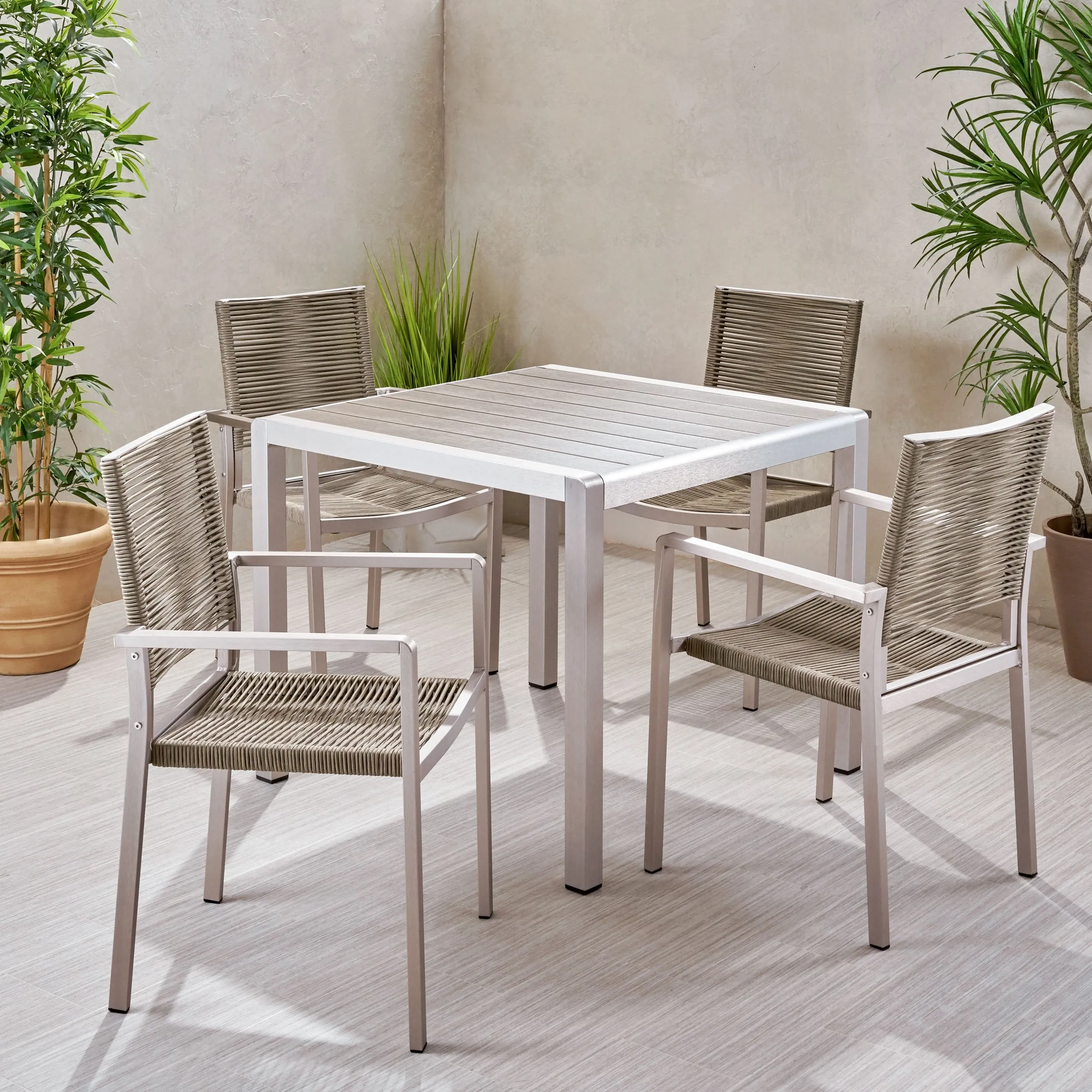 Outdoor Modern 4 Seater Aluminum Dining Set with Faux Wood Table Top - NH548013 patio chairs, outdoor seating