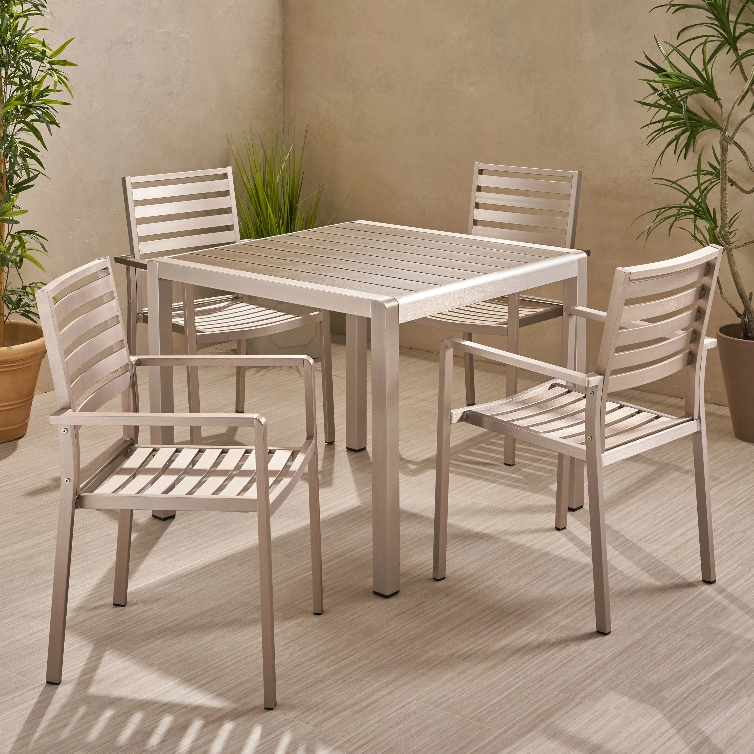 Outdoor Modern 4 Seater Aluminum Dining Set with Faux Wood Table Top - NH568013