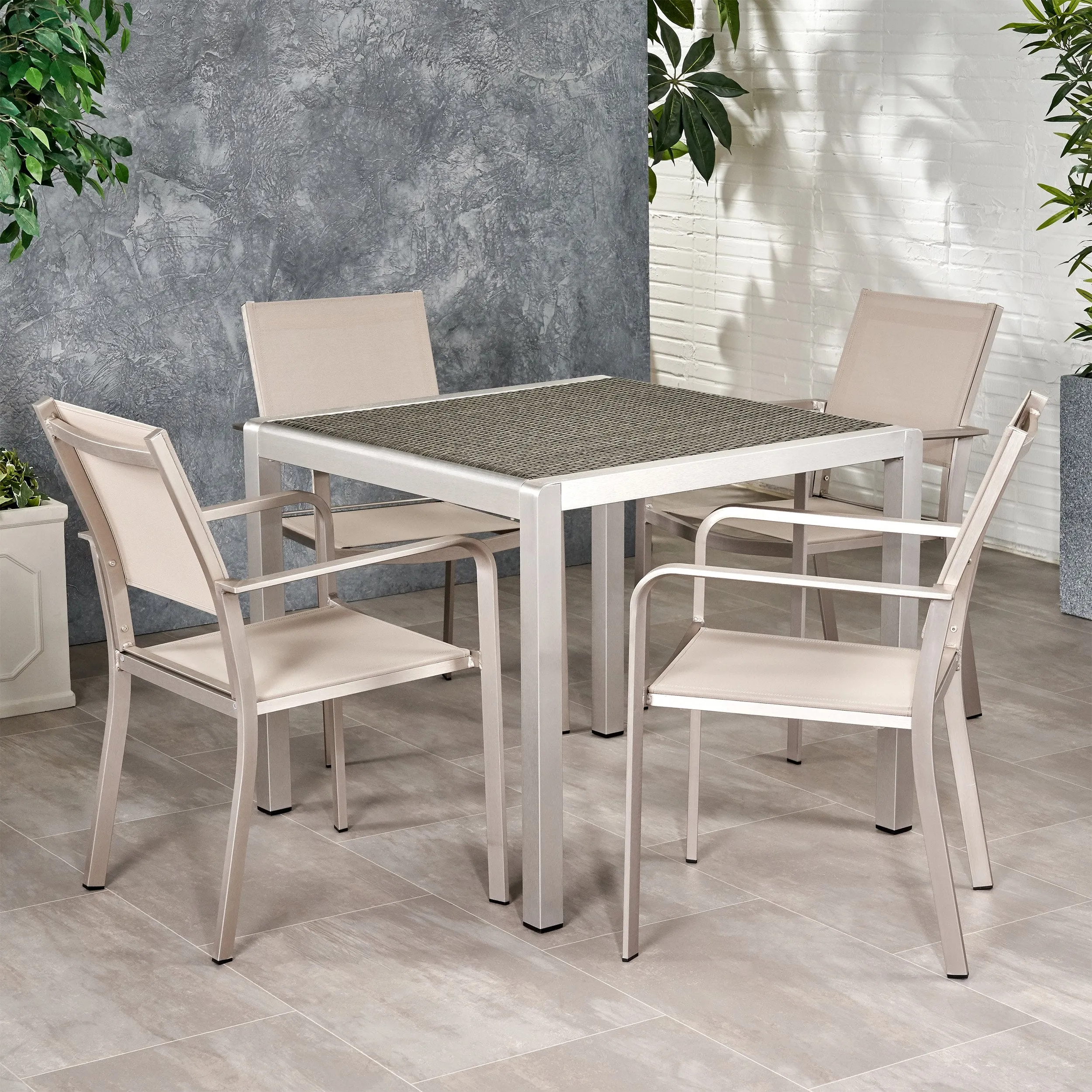 Outdoor Modern 4 Seater Aluminum Dining Set with Wicker Table Top - NH538013 patio chairs, outdoor seating