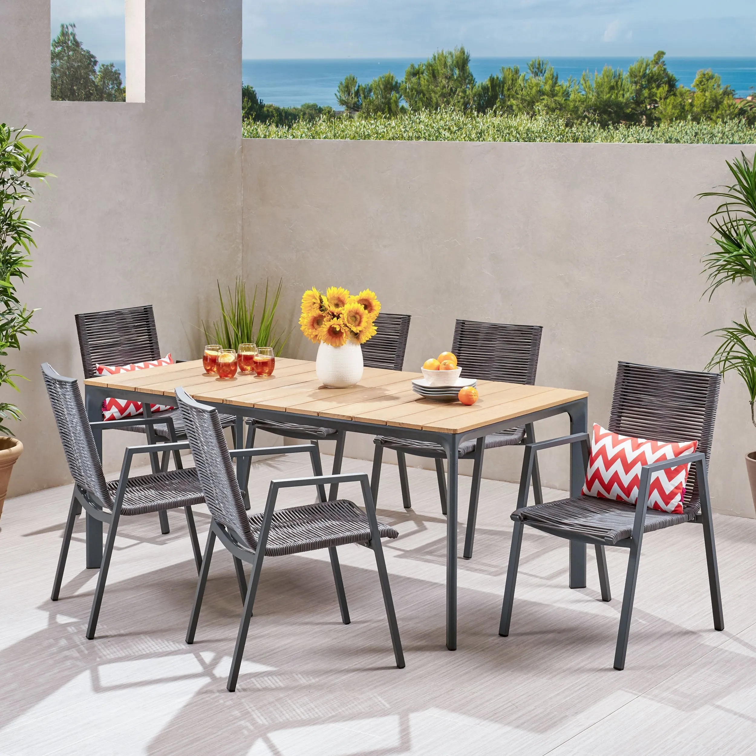 Outdoor Modern 6 Seater Aluminum Dining Set with Eucalyptus Table Top - NH058013 patio chairs, outdoor seating