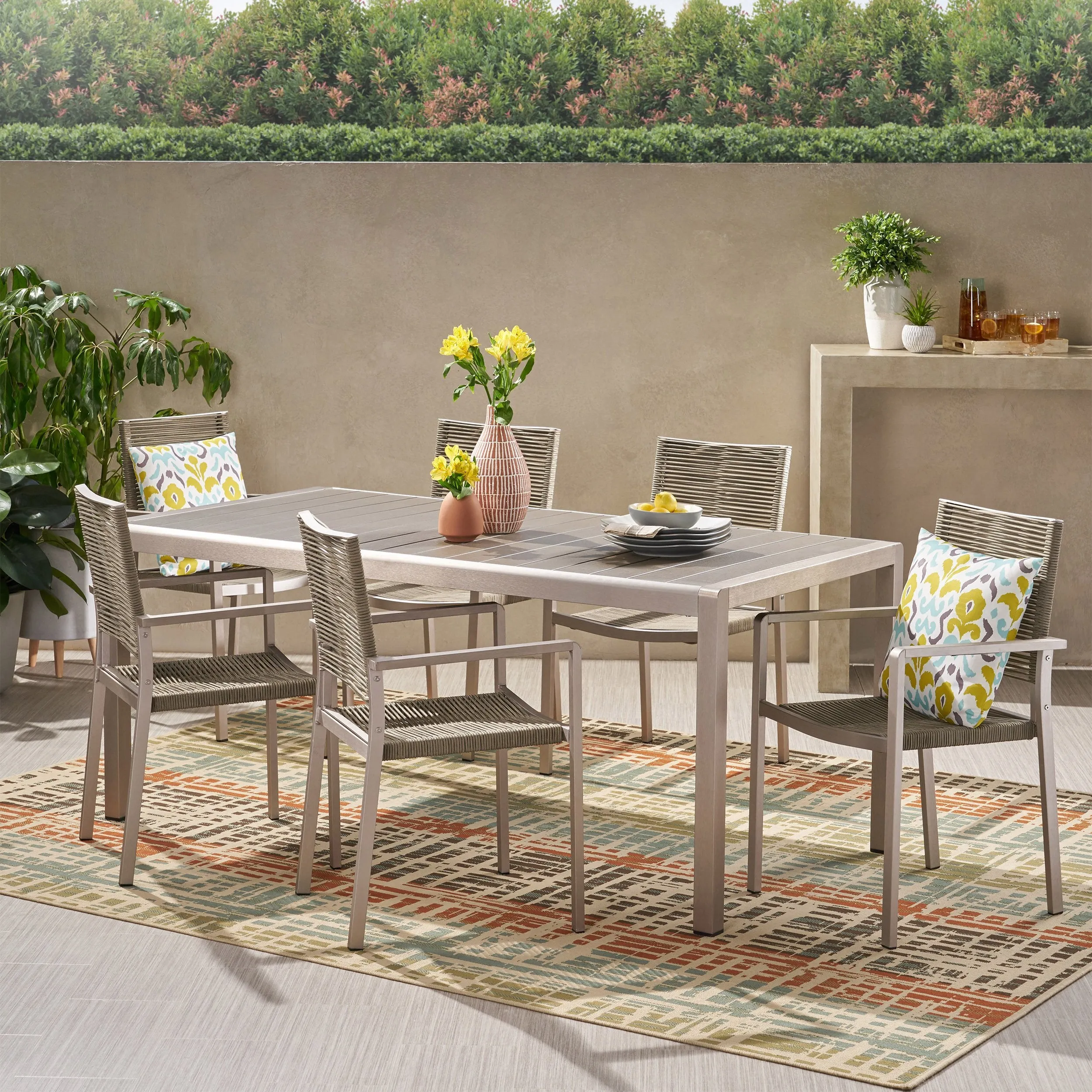 Outdoor Modern 6 Seater Aluminum Dining Set with Faux Wood Table Top - NH448013 patio chairs, outdoor seating