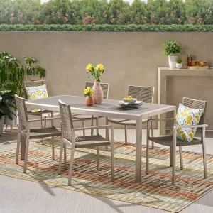 Outdoor Modern 6 Seater Aluminum Dining Set with Faux Wood Table Top - NH448013 patio chairs, outdoor seating