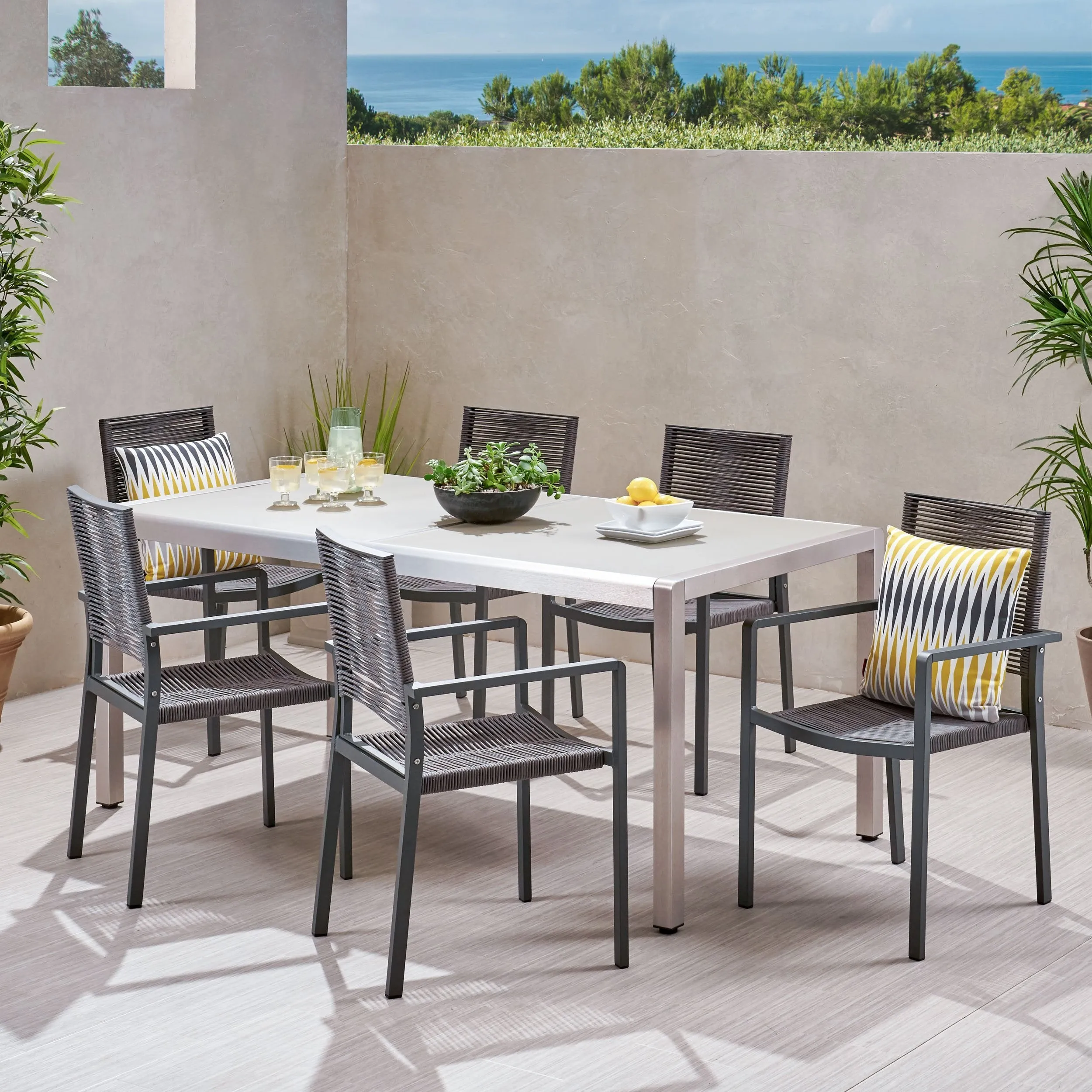 Outdoor Modern 6 Seater Aluminum Dining Set with Tempered Glass Table Top - NH938013