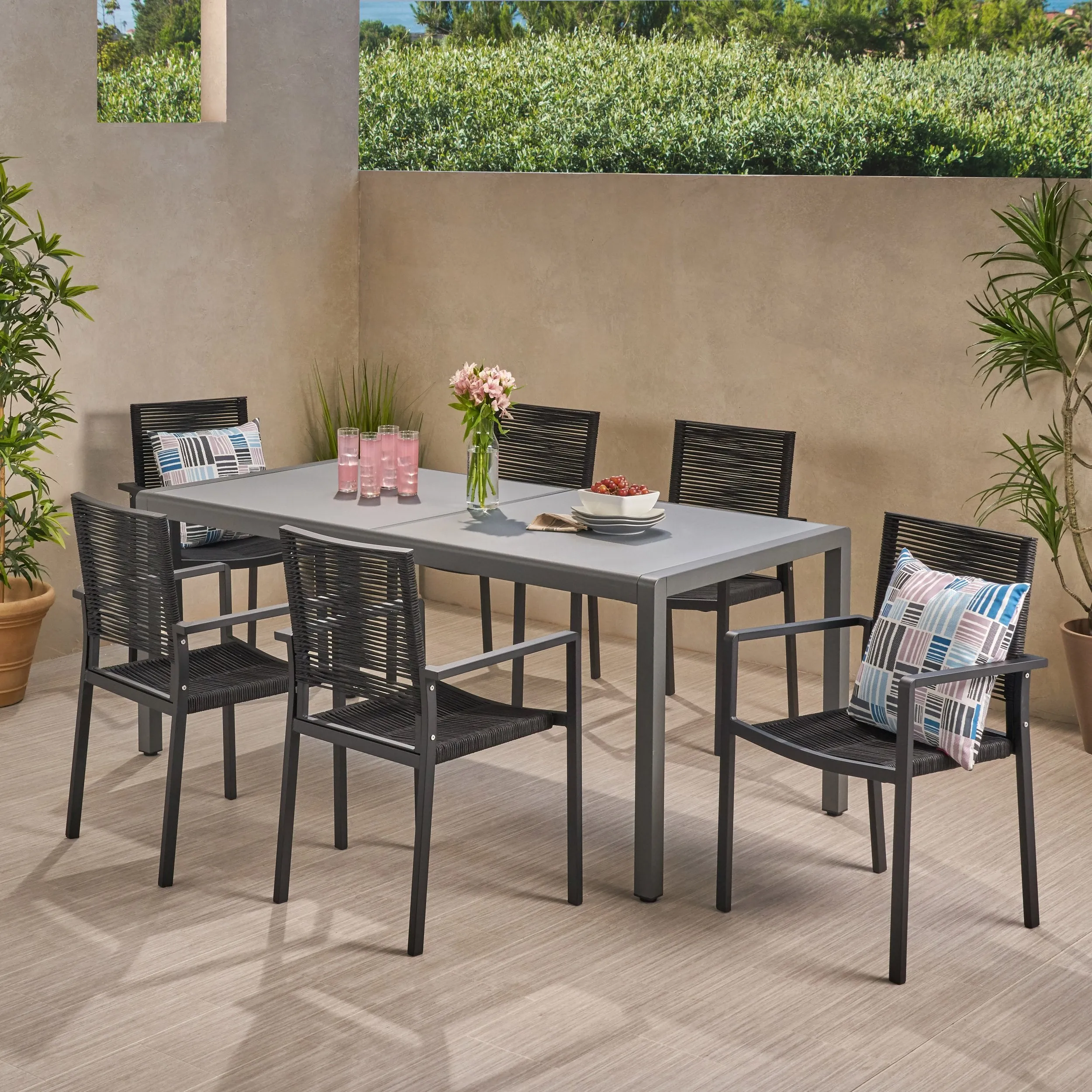 Outdoor Modern 6 Seater Aluminum Dining Set with Tempered Glass Table Top - NH938013