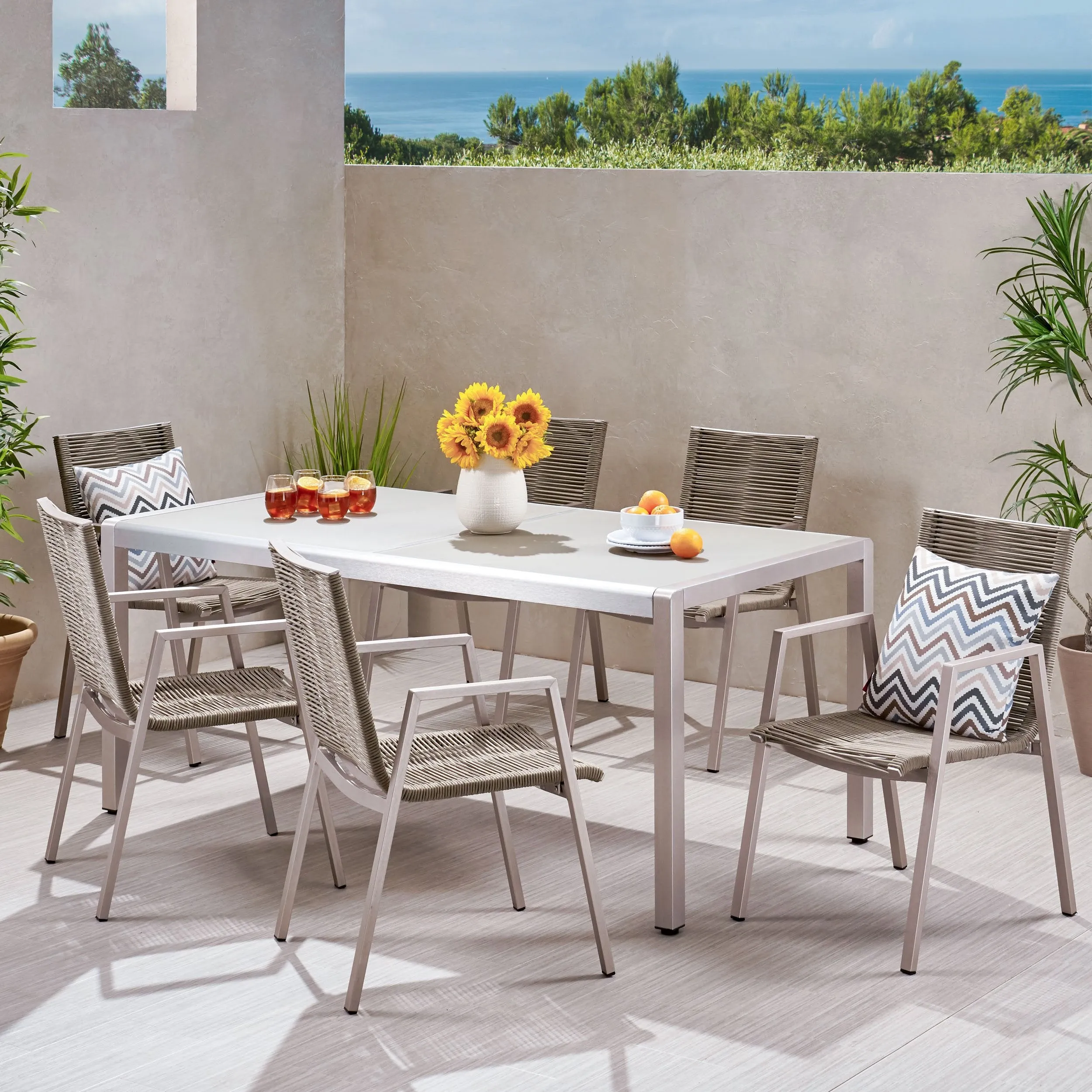 Outdoor Modern 6 Seater Aluminum Dining Set with Tempered Glass Top - NH158013 patio chairs, outdoor seating
