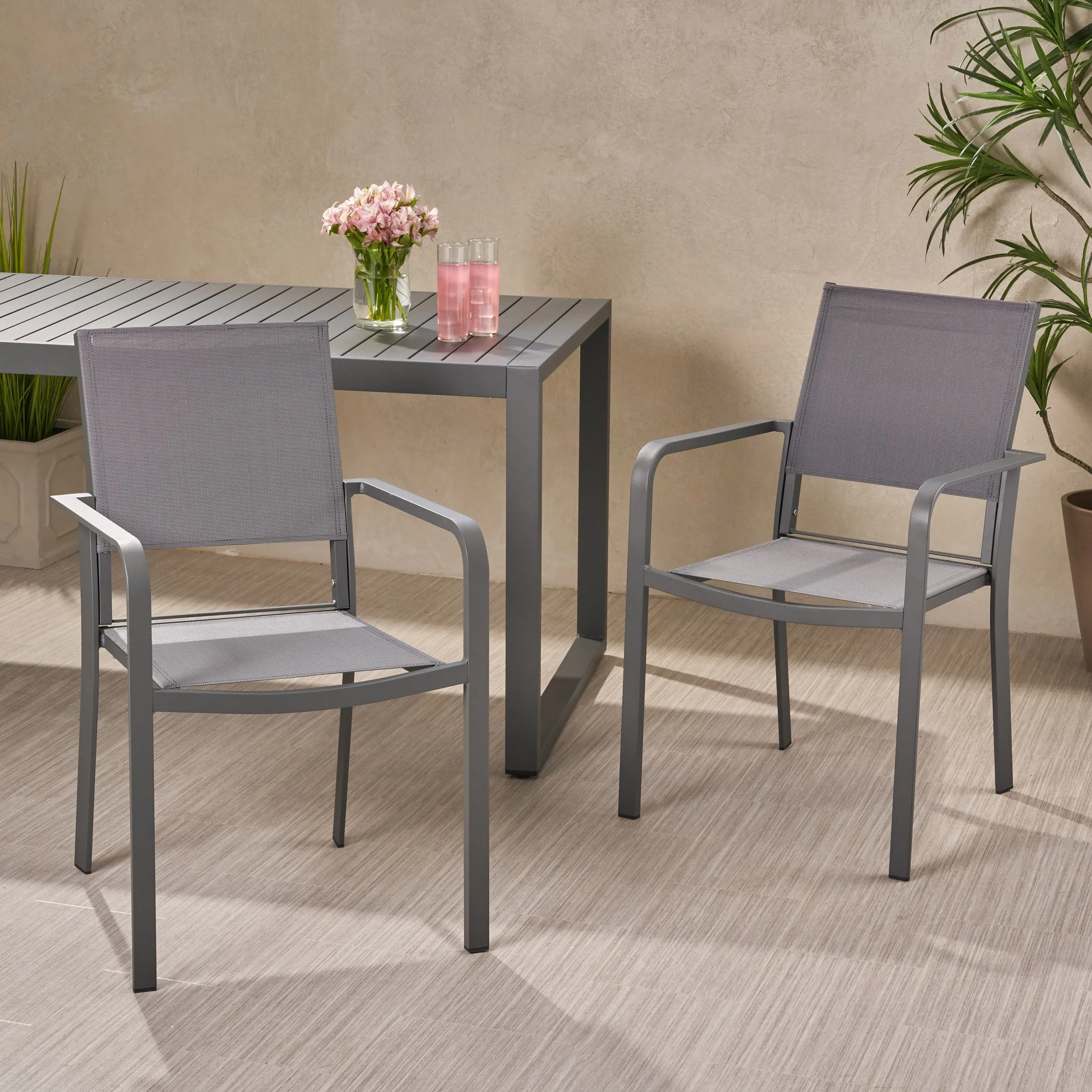 Outdoor Modern Aluminum Dining Chair with Mesh Seat (Set of 2) - NH728013 patio chairs, outdoor seating