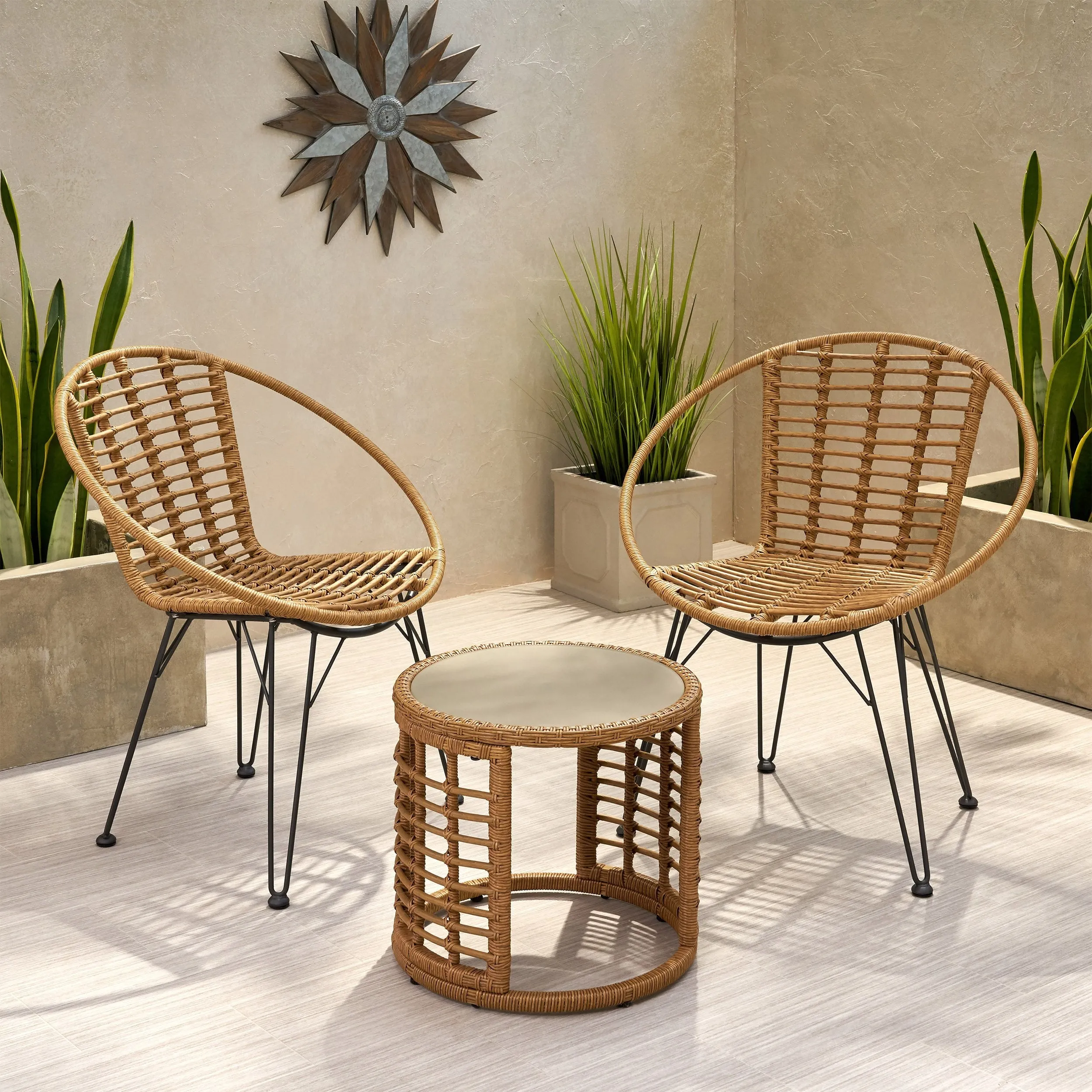 Outdoor Modern Boho 2 Seater Wicker Chat Set with Side Table - NH444013