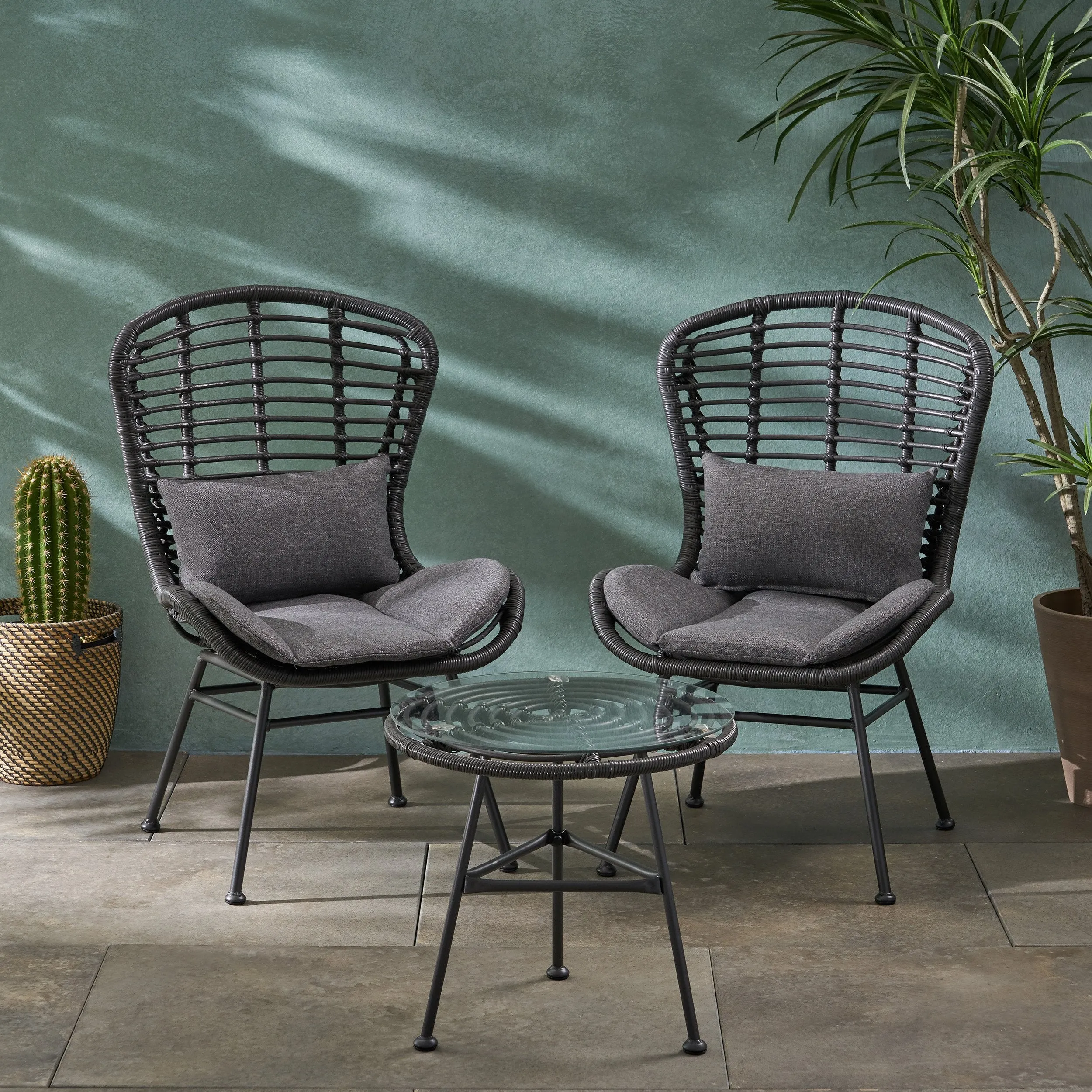 Outdoor Modern Boho 2 Seater Wicker Chat Set with Side Table - NH780013