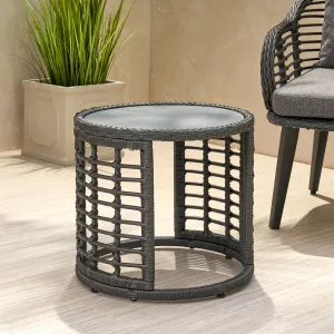 Outdoor Modern Boho Wicker Side Table with Tempered Glass Top - NH044013 coffee table, accent table
