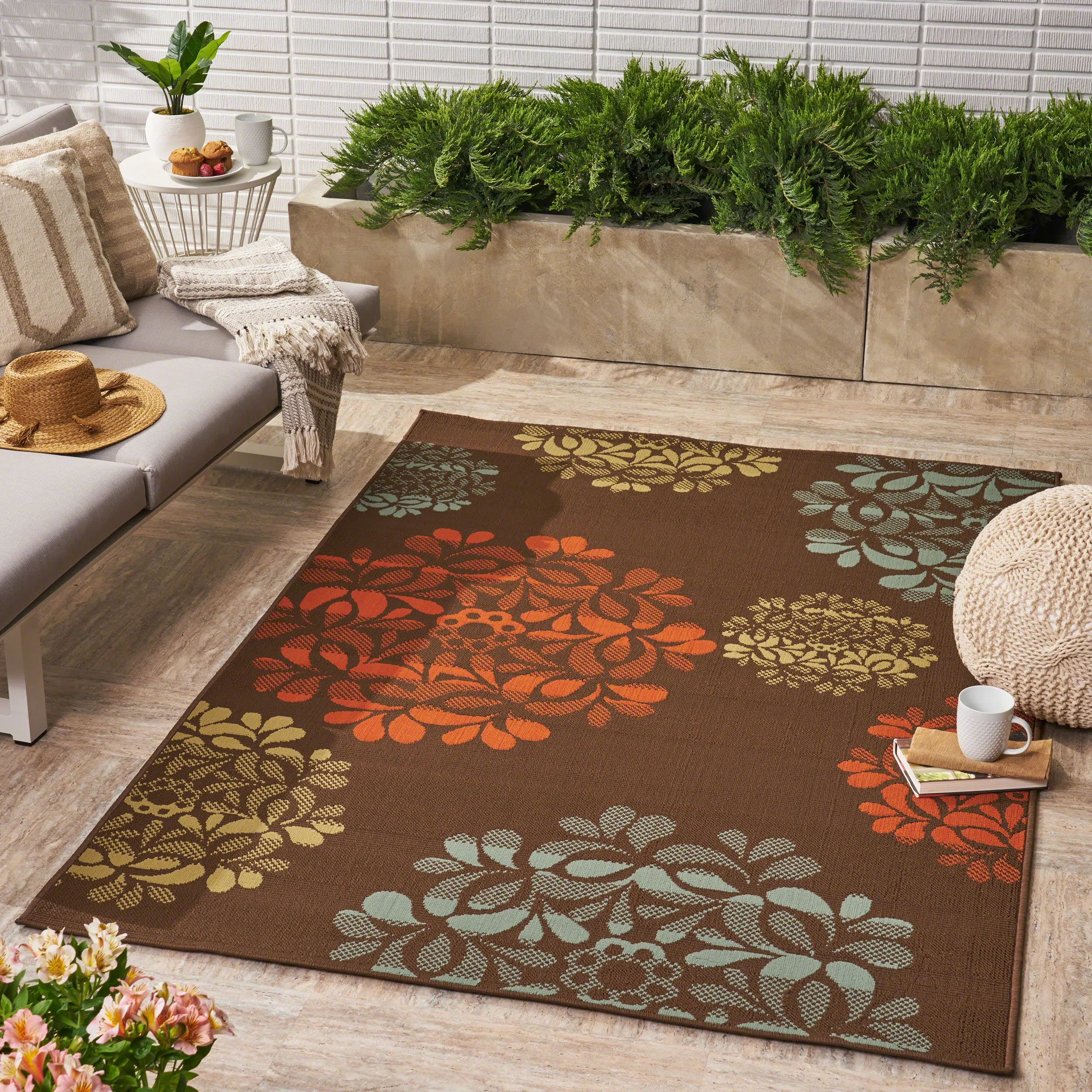 Outdoor Modern Brown Area Rug with Multi-Color Floral Print - NH009403 patio chairs, outdoor seating