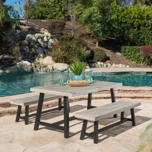 Outdoor Modern Industrial 3 Piece Acacia Wood Picnic Dining Set with Benches - NH409303 patio chairs, outdoor seating