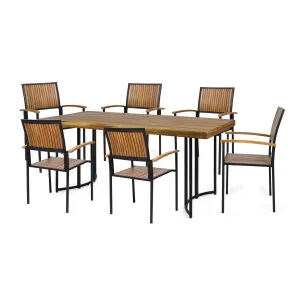 Outdoor Modern Industrial 7 Piece Acacia Wood Dining Set - NH529213 patio chairs, outdoor seating