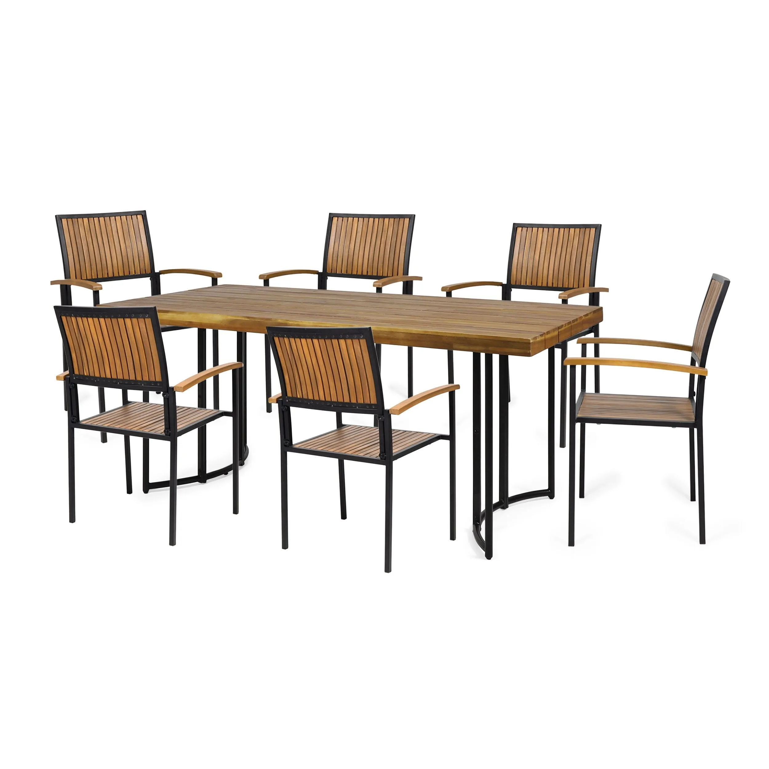 Outdoor Modern Industrial 7 Piece Acacia Wood Dining Set - NH529213 patio chairs, outdoor seating
