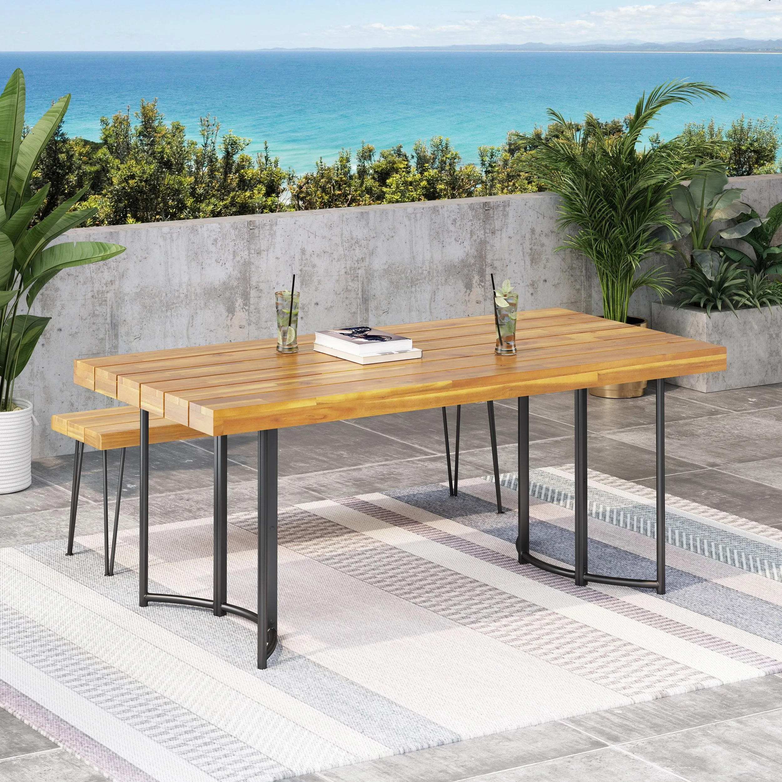 Outdoor Modern Industrial Acacia Wood Dining Table - NH329213 patio chairs, outdoor seating